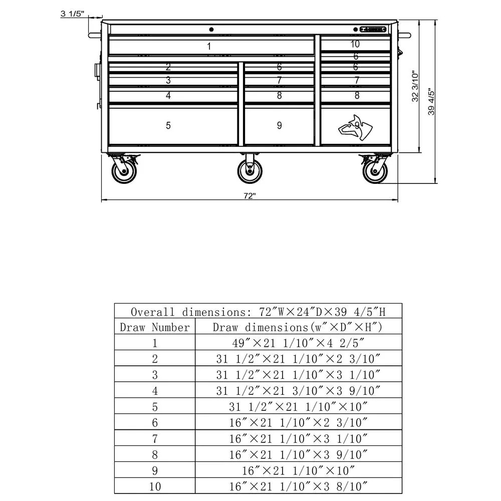 Établi mobile robuste de 183 cm de large avec coffre à outils profond à 15 tiroirs, finition noir mat, plateau en acier inoxydable et double verrouillage.