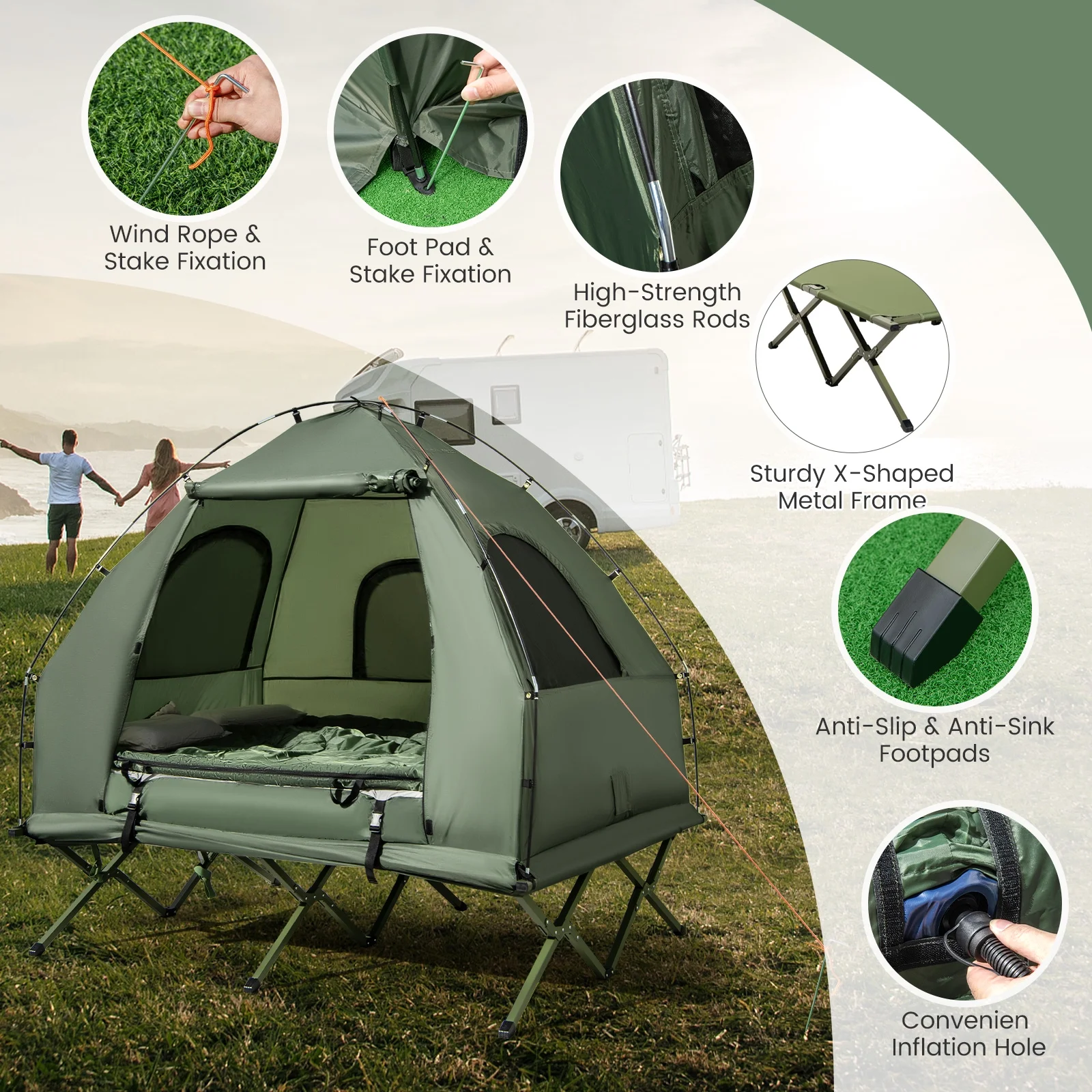 Gymax 2 - Person Camping Tent Cot 5 - in - 1 Folding Camping Bed W/ Air Mattress Pillow Sleeping Bag