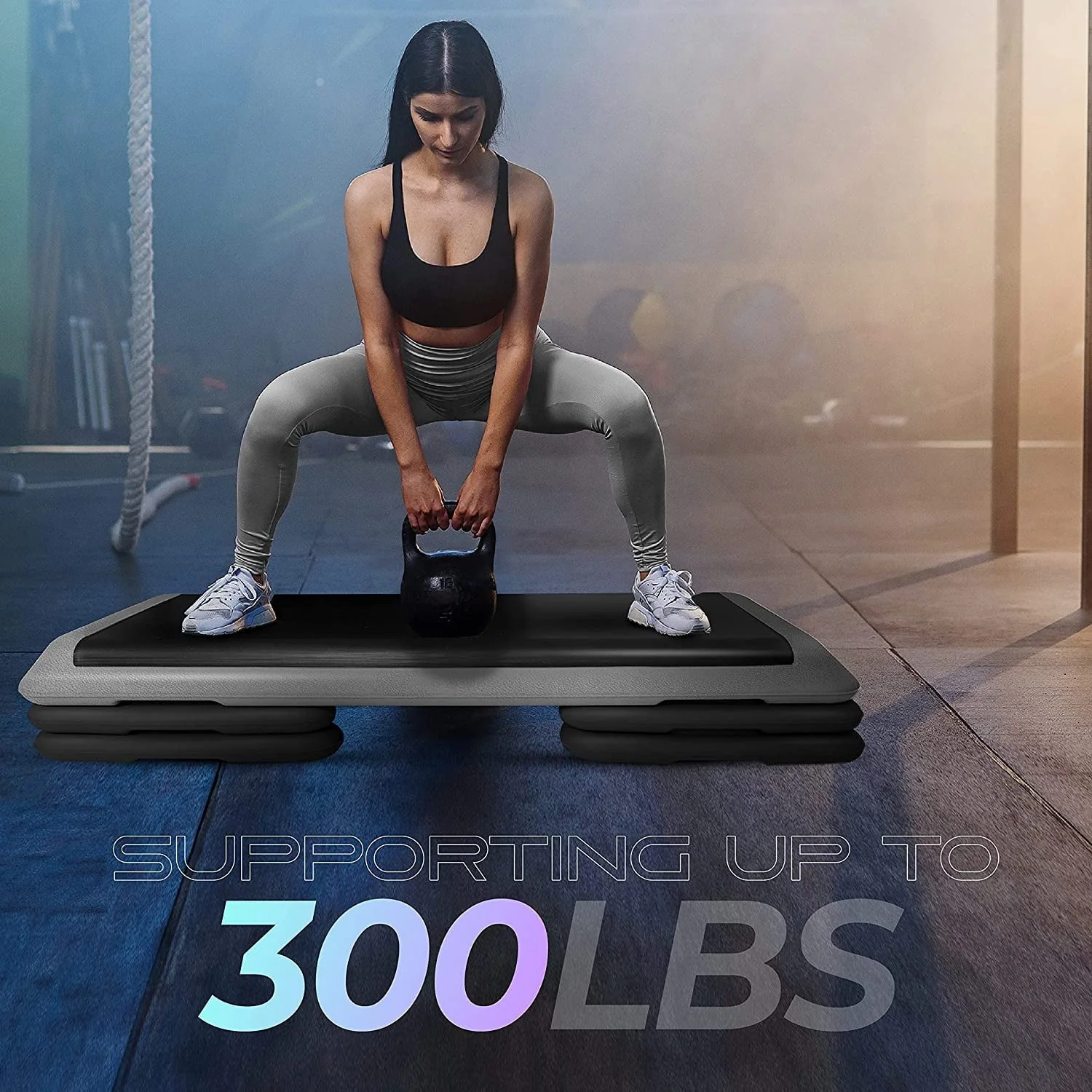 Adjustable Aerobic Step Platform, 40 in x 16 in with 4 Risers, Black and Grey - Image 6