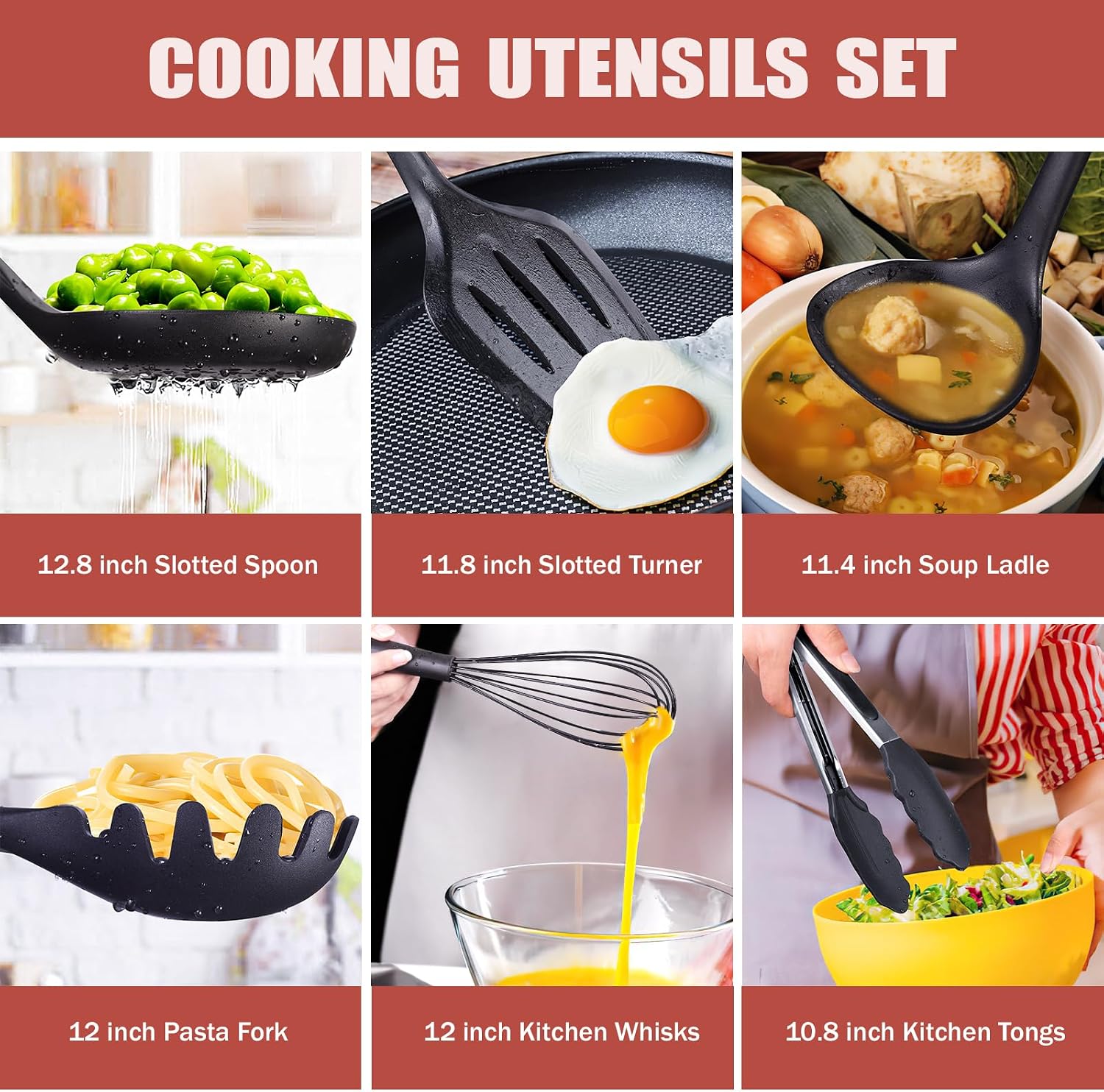 RAXCO Kitchen Utensils Set, 18-Piece Cooking Utensils and Knife Set, Black