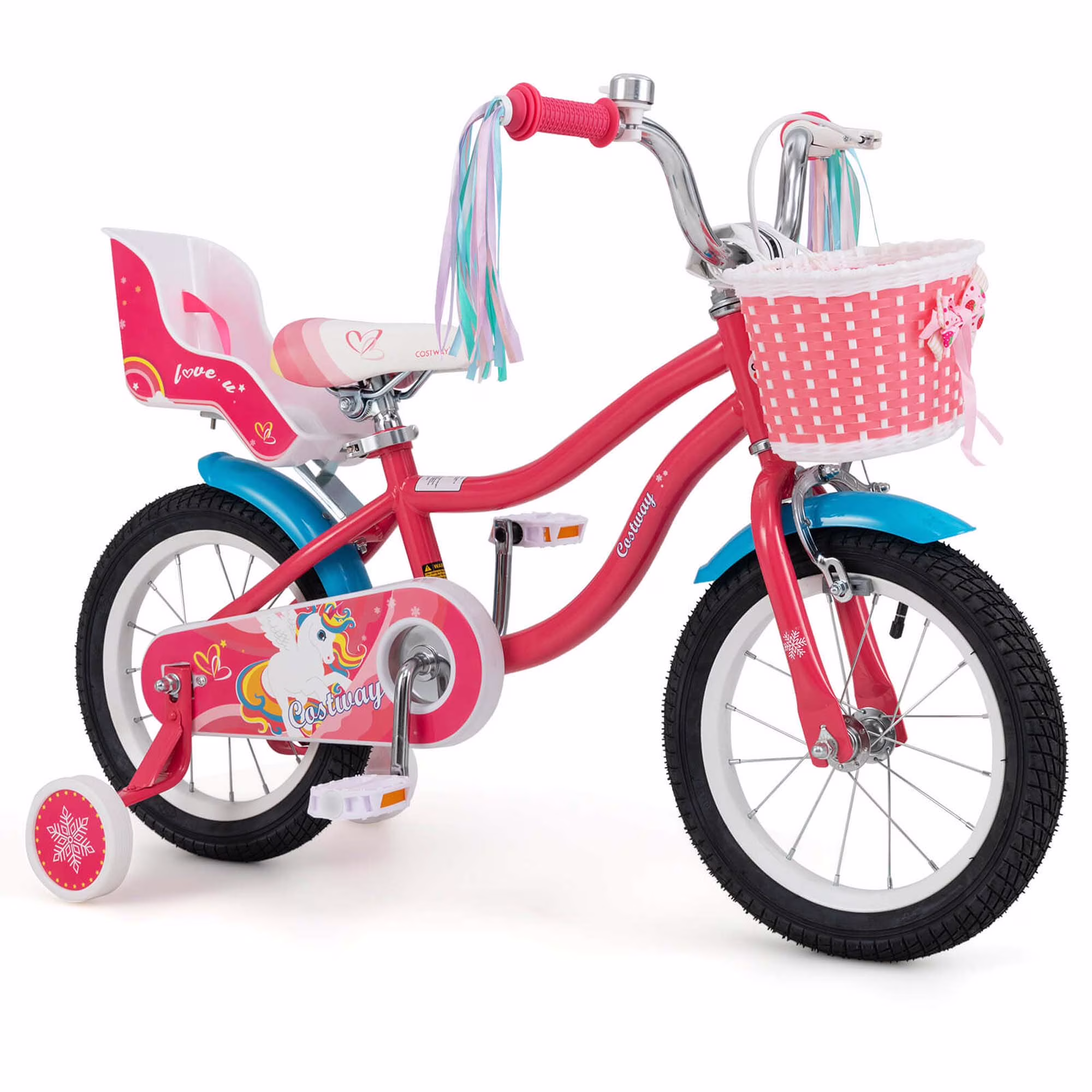 Costway 14 in Kids Bike with Basket Doll Seat & Colorful Streamers 2 Training Wheels Pink