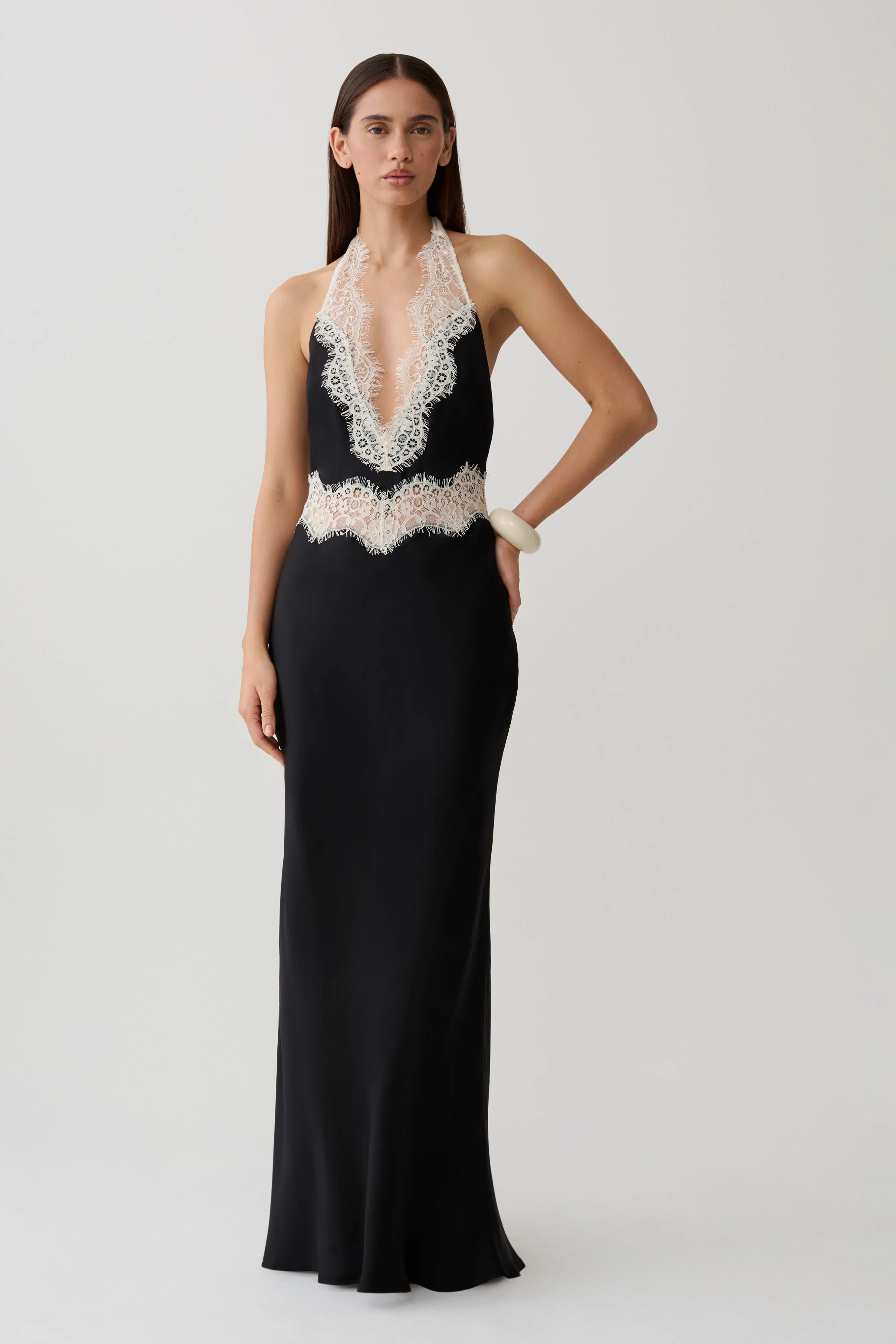 Louise Satin And Lace Maxi Dress - Black/Ivory