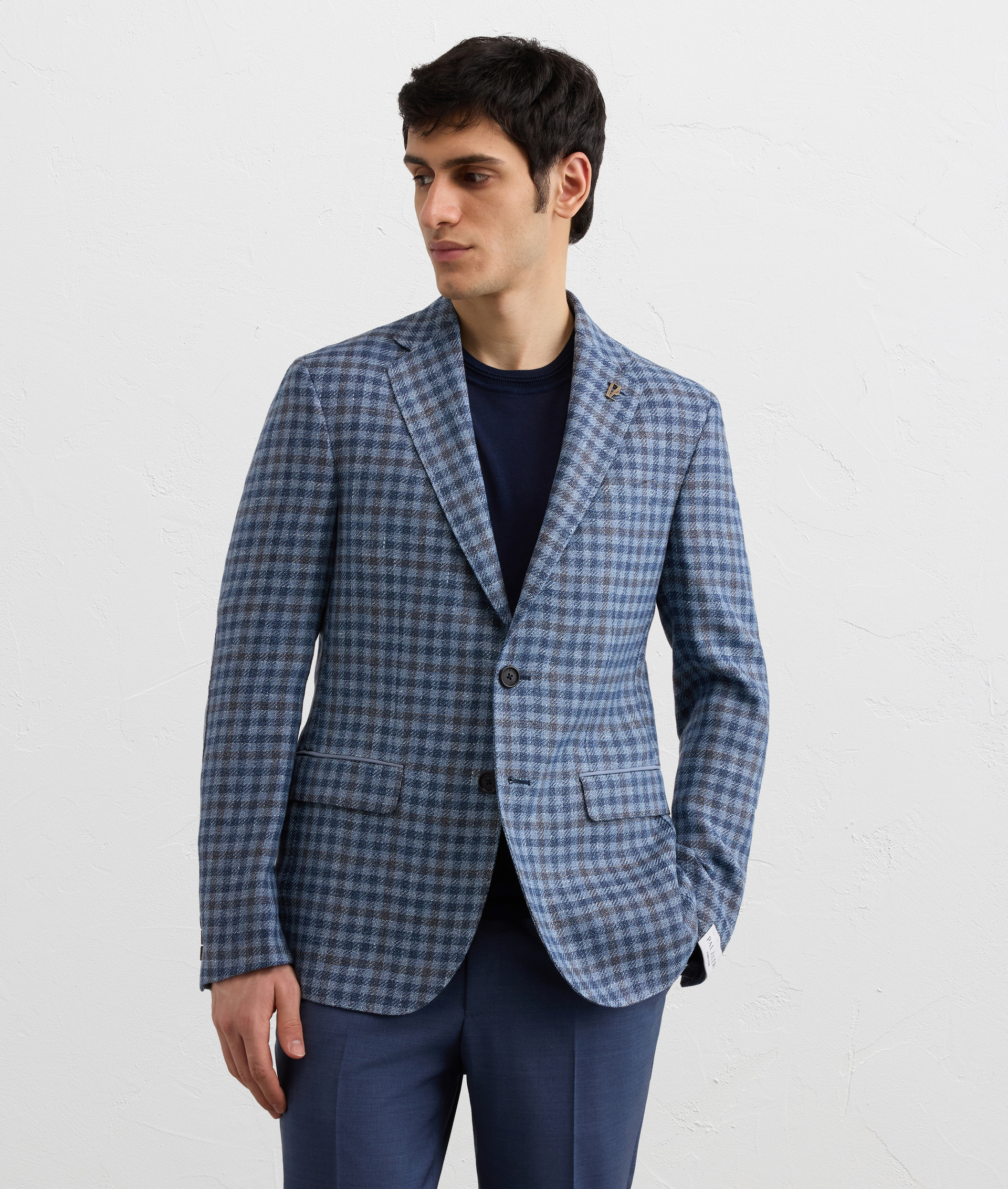 BLUE CHECKED WOOL AND LINEN BRERA LINE UNLINED JACKET WITH SUEDE DETAILS