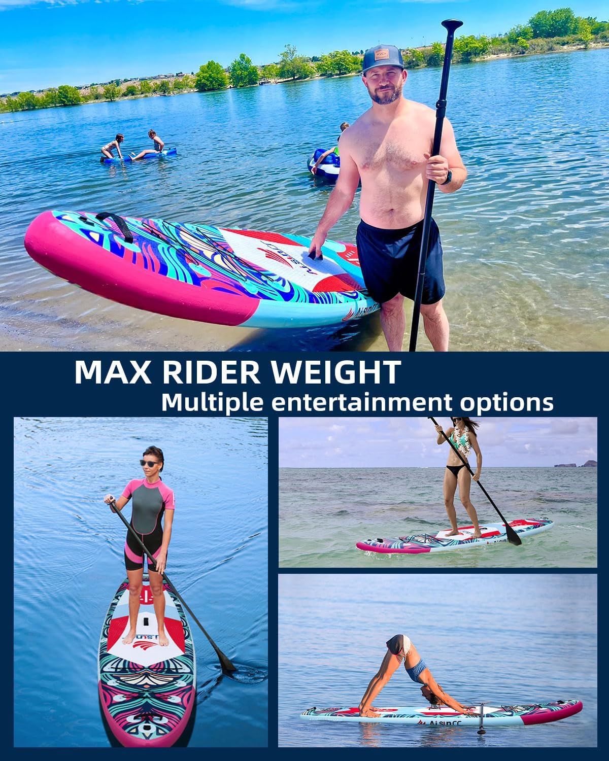Planche de SUP gonflable large avec sac de transport, pompe à main et sac étanche de 10 L