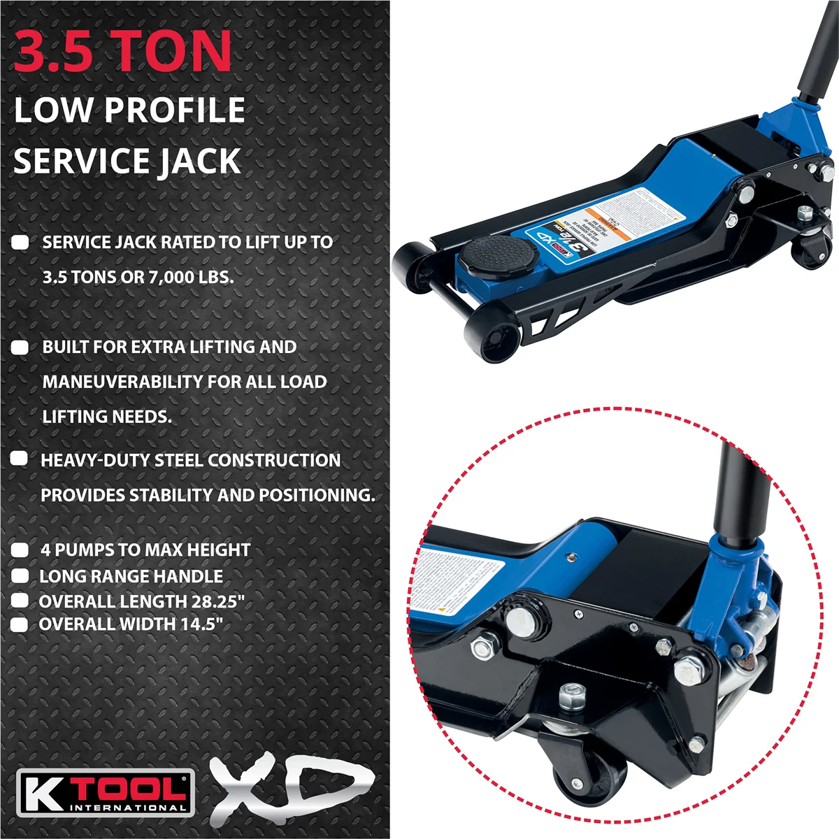 INT022 3.5 Ton Low Profile Service Jack; Dual Pump Piston - Image 3