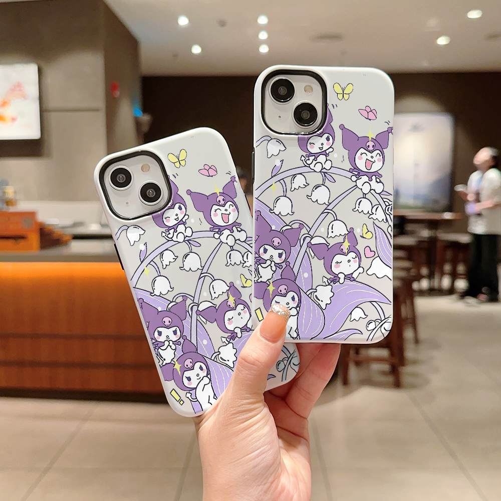 Apple phone case, purple cartoon character lily of the valley print 2-in-1 film phone case, matte/glossy dual finish, shockproof protective cover, suitable for all iPhone 11-17 Pro Max models - wanlinfang