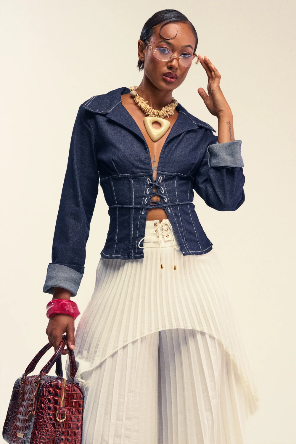 DON'T TALK TO ME LACE UP DENIM BLOUSE - Akira Store
