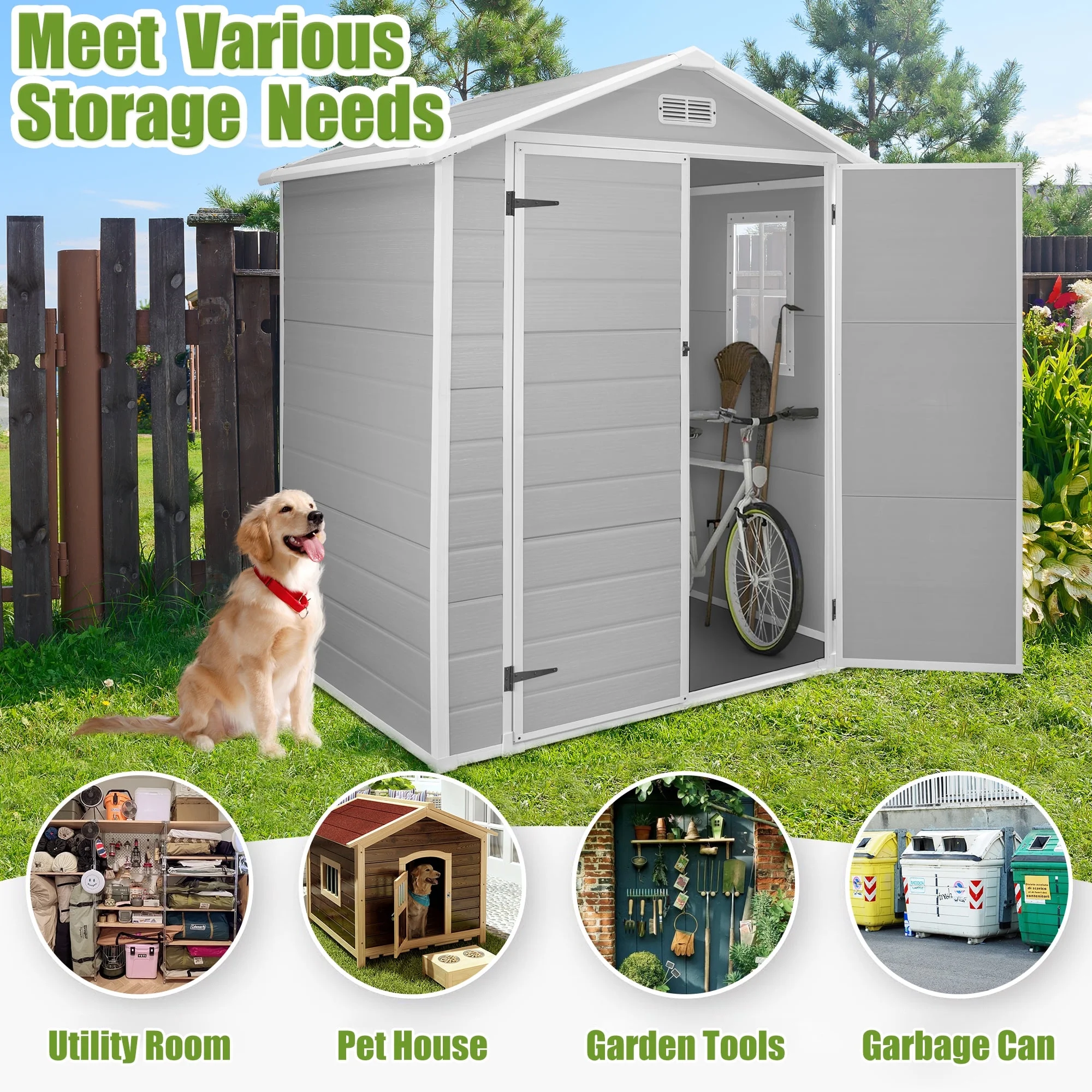 6 x 4.4FT Outdoor Storage Shed, All-Weather Plastic Resin Utility Tool Large Shed with Dual Lockable Doors for Patio Backyard Lawn, Gray(6*4 Gray) - Image 6