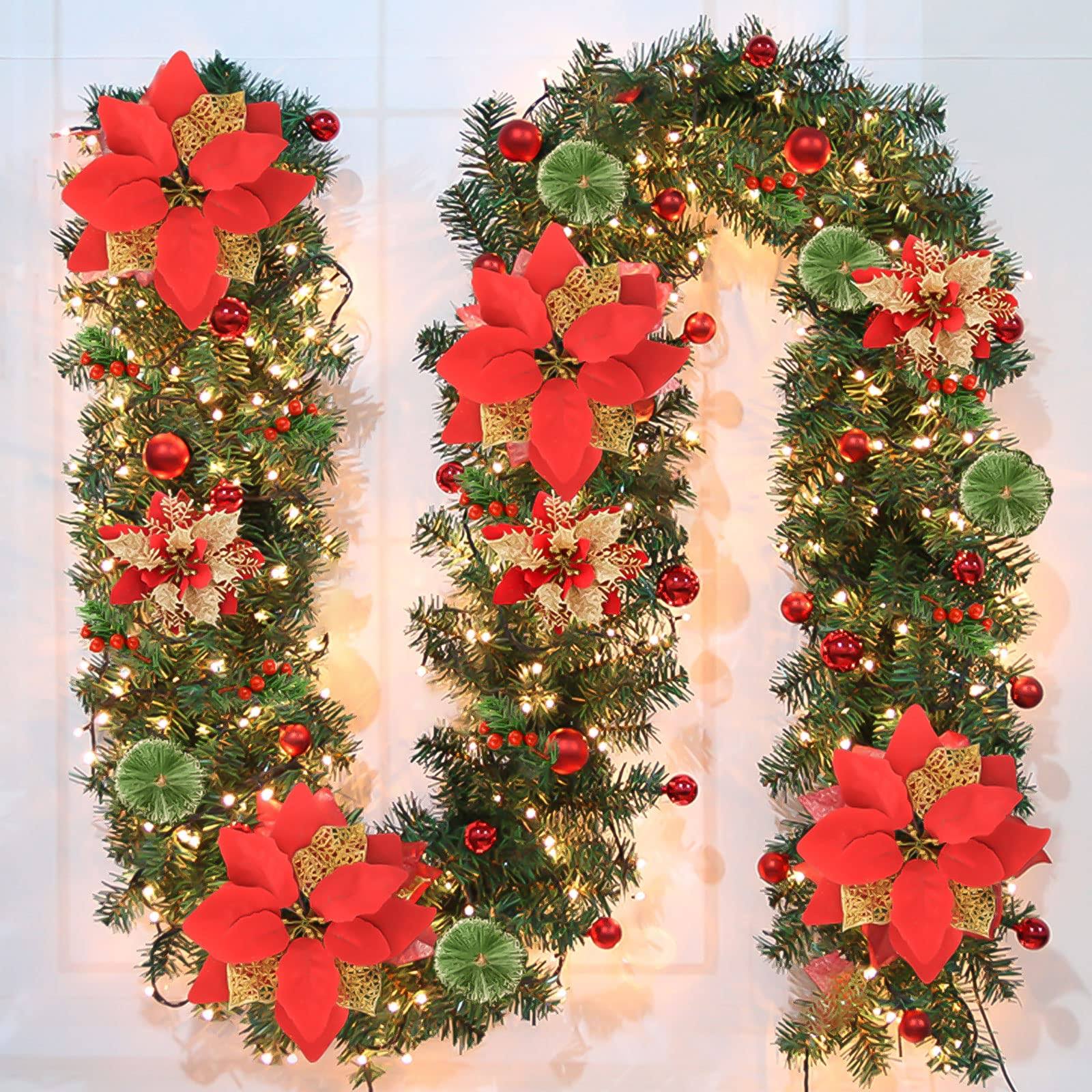 Christmas Garland with Lights, 9ft Pre-Lit Artificial Christmas Green Garland for Stair Decorations with Spruce, Red Flowers, Berry Clusters for
