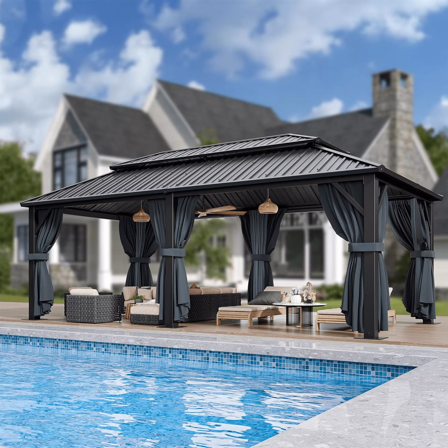 COBIZI 10x12 Hardtop Gazebo Aluminum Gazebos with Galvanized Steel Double Roof Metal Gazebo with Curtains and Netting Permanent Steel Gazebo for Backyard, Garden and Patio, Brown