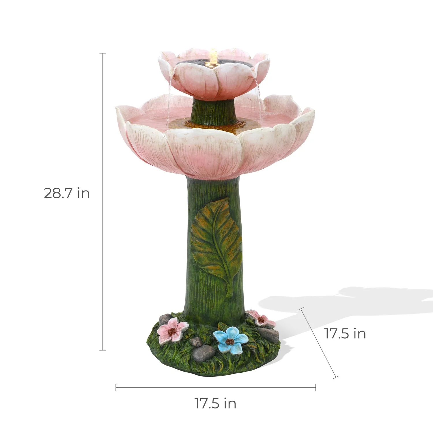 Luxenhome Solar Powered Pink Flower 2 - Tier Resin Birdbath Fountain with Lights