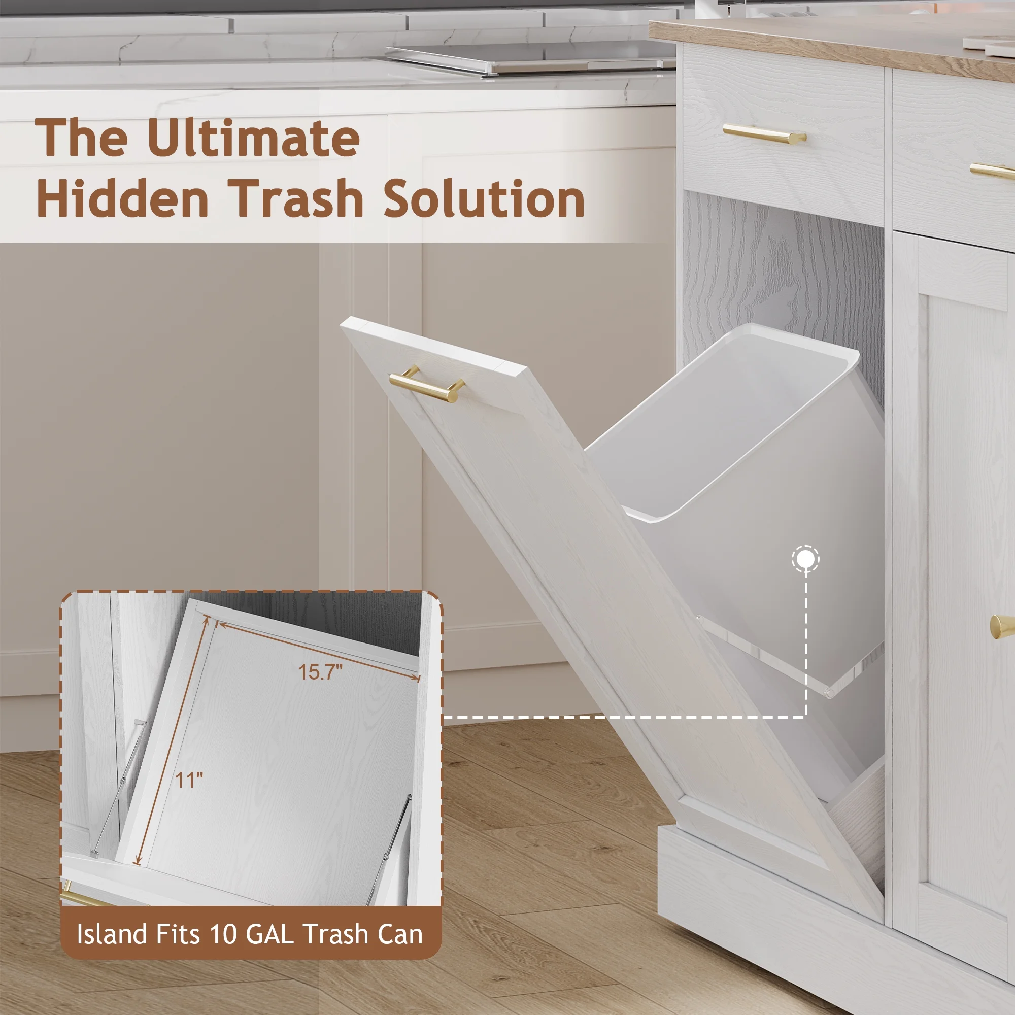 52" Kitchen Island with Storage, Rolling Kitchen Cart Island with Wheels, Tilt Out Kitchen Trash Cabinet 10 Gallon Storage, 3 Large Spice Racks and 2 Drawers, White(White) Image 4