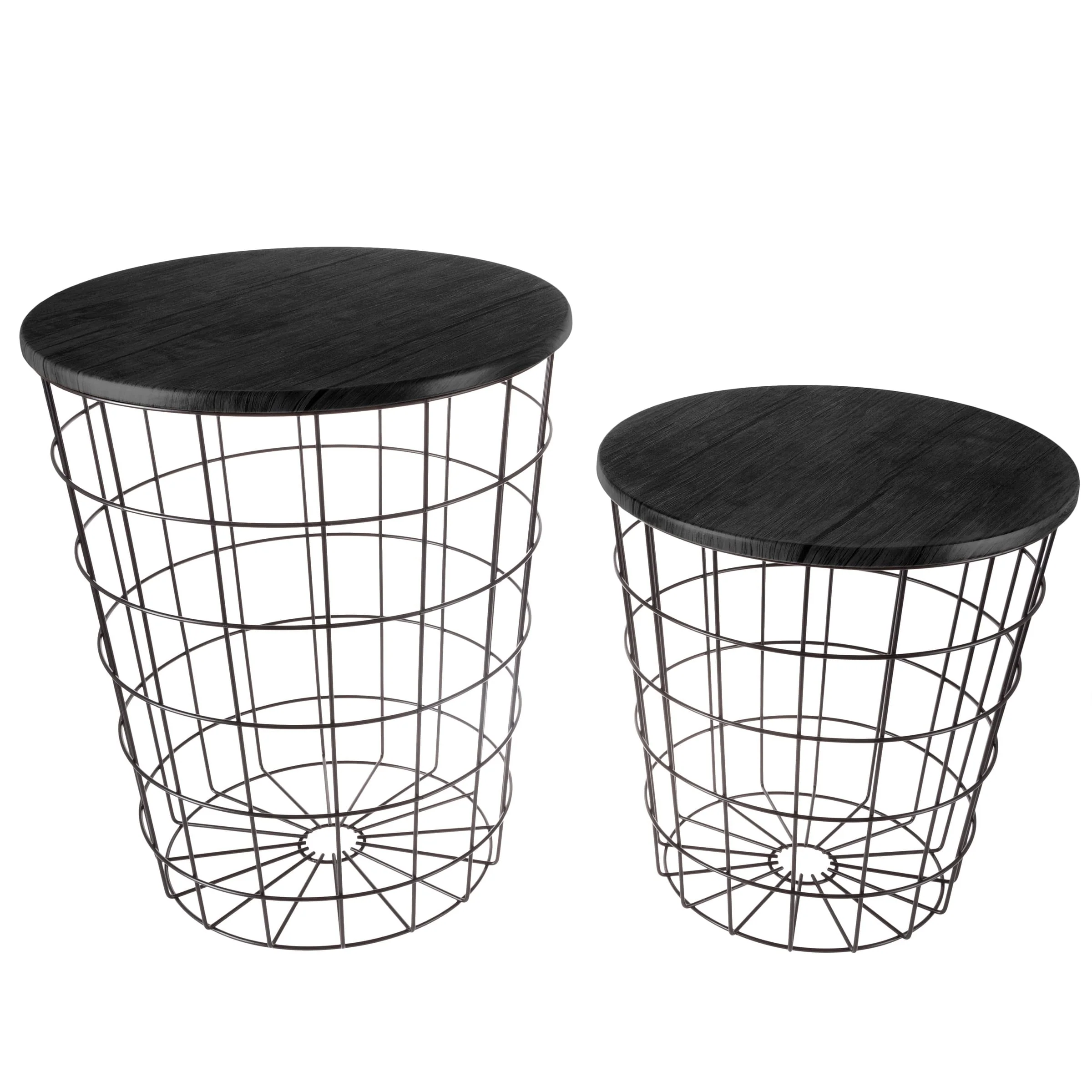 Nesting End Tables with Storage- Set of 2 Round Metal Baskets By Lavish Home (Black)(Black)