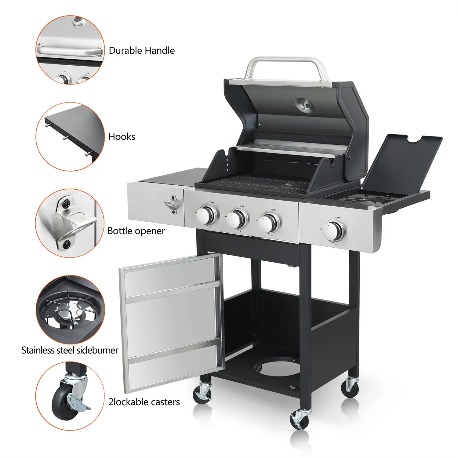 HighSound 3 Burner BBQ Propane Gas Grill, Stainless Steel 25650 BTU Patio Garden Barbecue Grill with Wire Enamel Cooking Grids & Foldable Shelves, Black