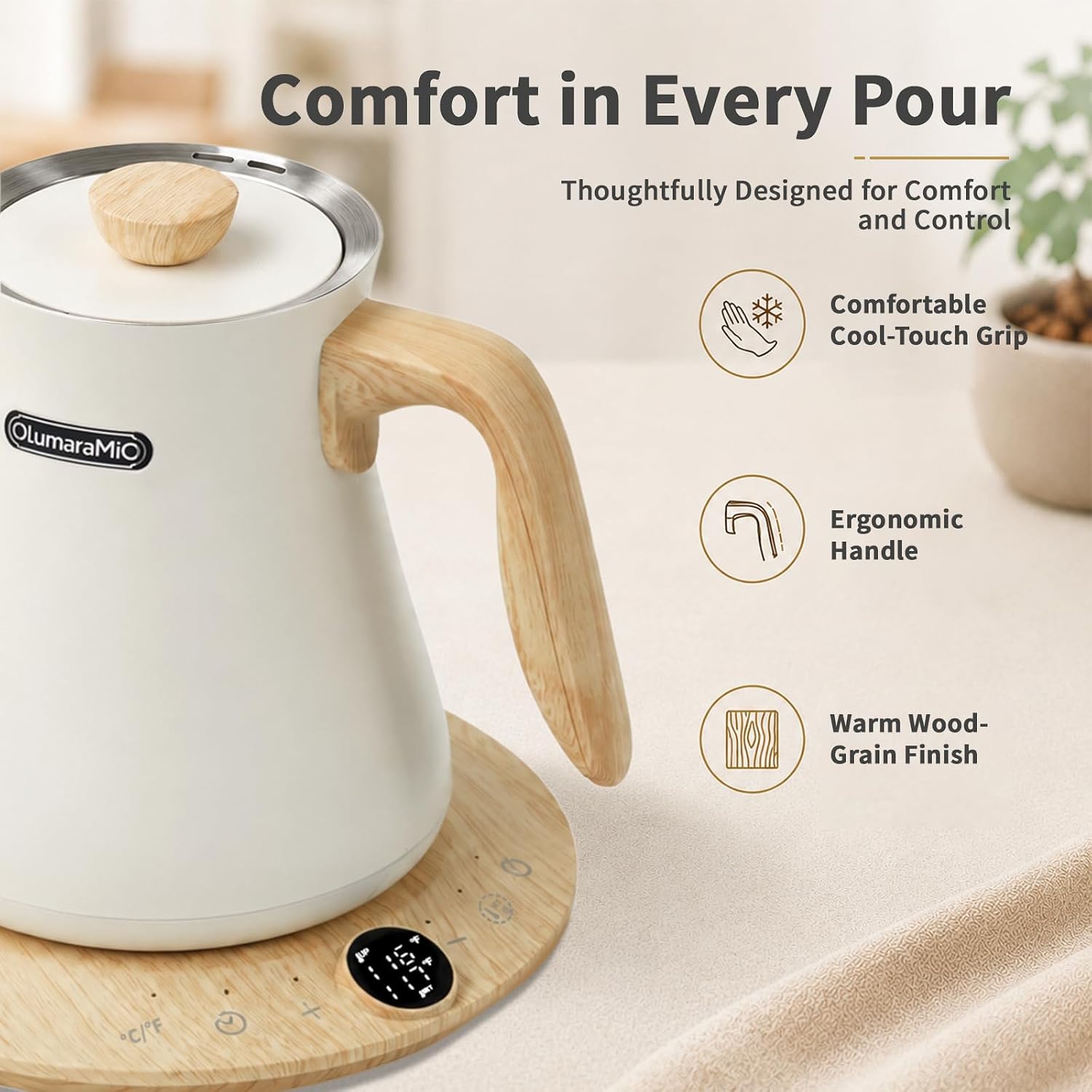 Olumaramio 0.8L Gooseneck Electric Kettle, ±1 ° F Temp Control, Wood-Grain
