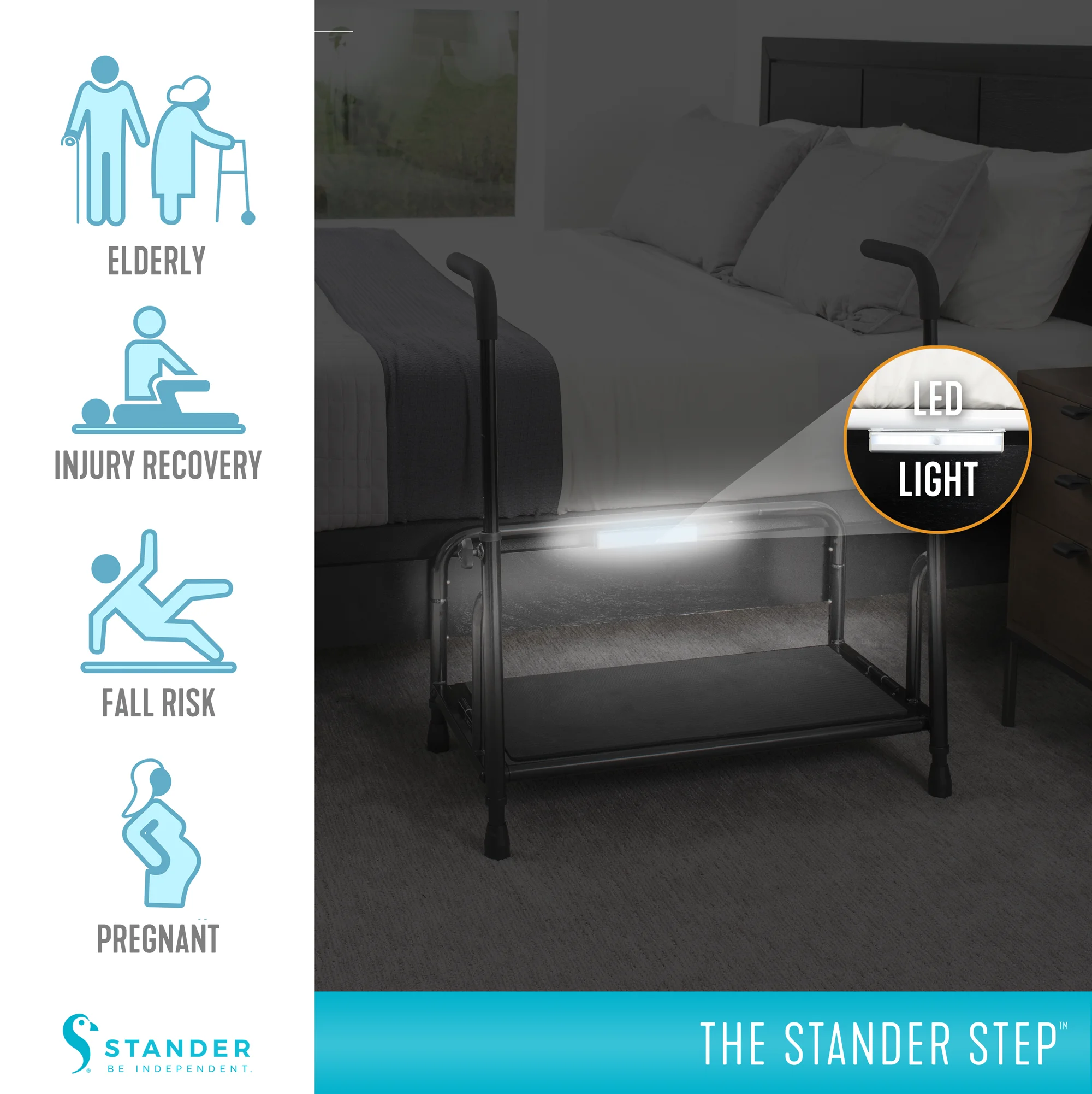 Step Stool, Bed Step with Adjustable Hand Rails for Seniors and Elderly Adults, Extra Wide Heavy Duty Step Ladder, Stepping Stool with Grab Bars and Motion Activated Light, White(White) - Image 6