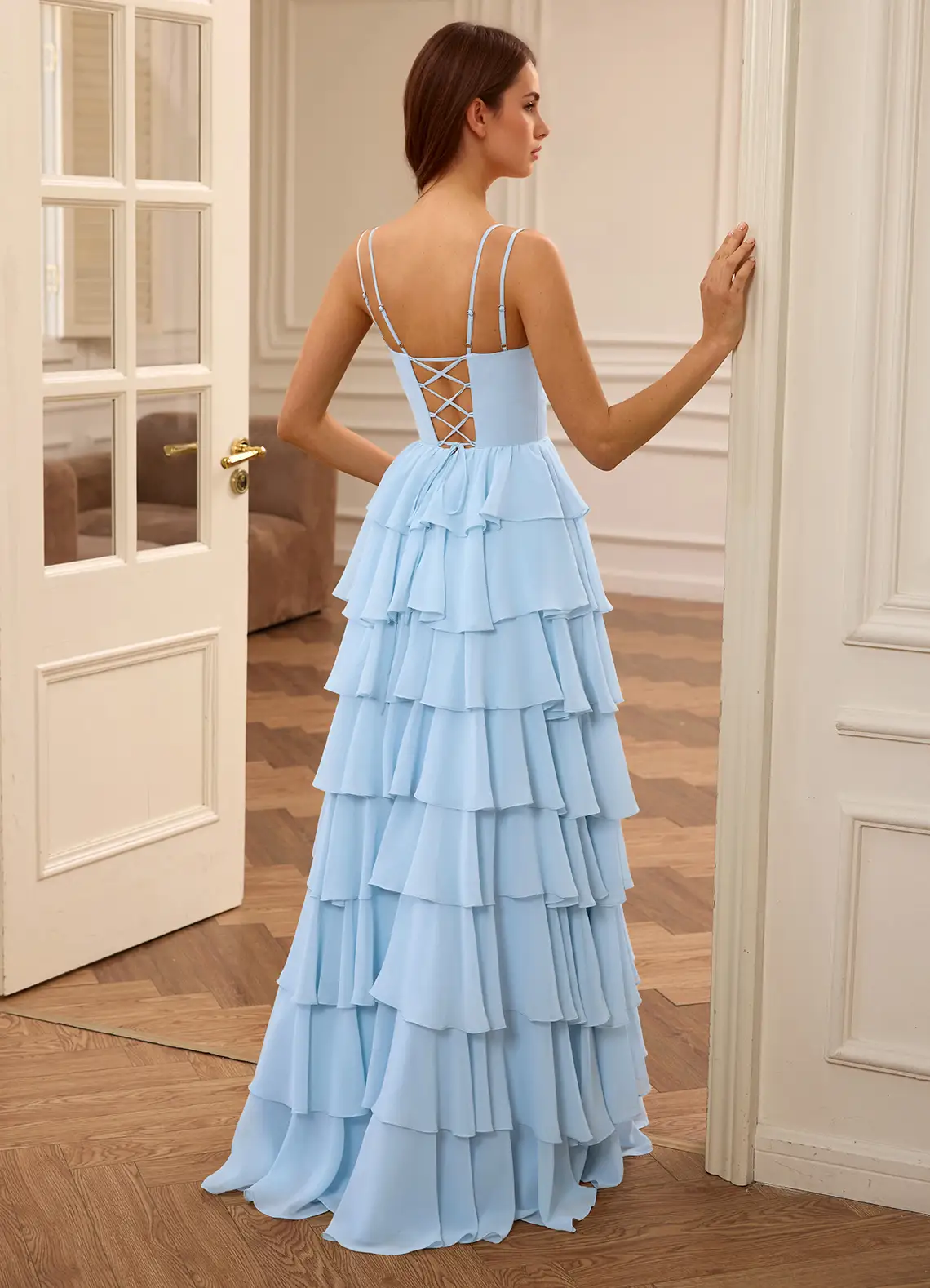 Celeste Sky Blue Ruffled A-line Prom Dress