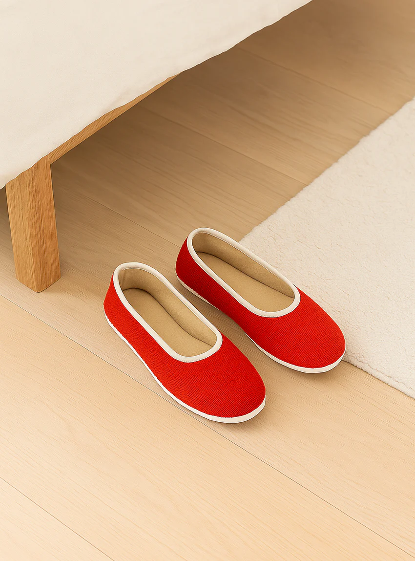 Chaussons ballerines femme intérieur coton rouge