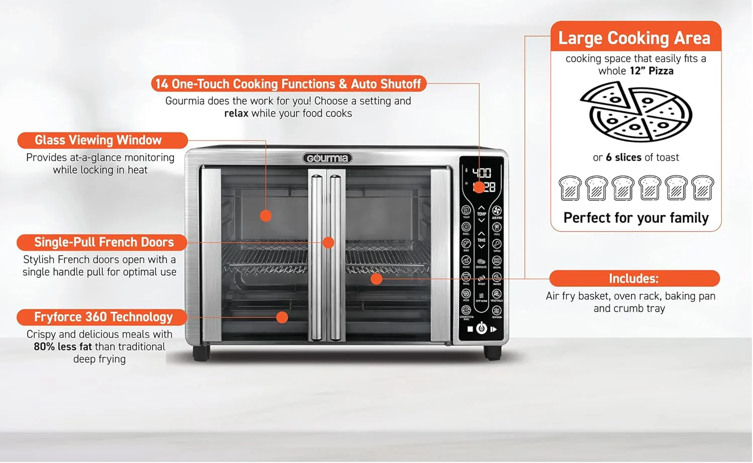 Four Gourmia avec friteuse à air chaud, 17 programmes de cuisson prédéfinis, capacité de 24 L et grille à convection.