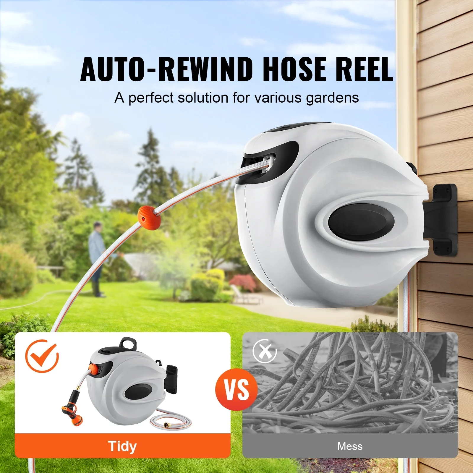 BENTISM Retractable Hose Reel, 65 ft x 5/8 inch, 180�� Swivel Bracket Wall-Mounted, Garden Water Hose Reel with 9-Pattern Nozzle, Automatic Rewind, Lock at Any Length, and Slow Return System