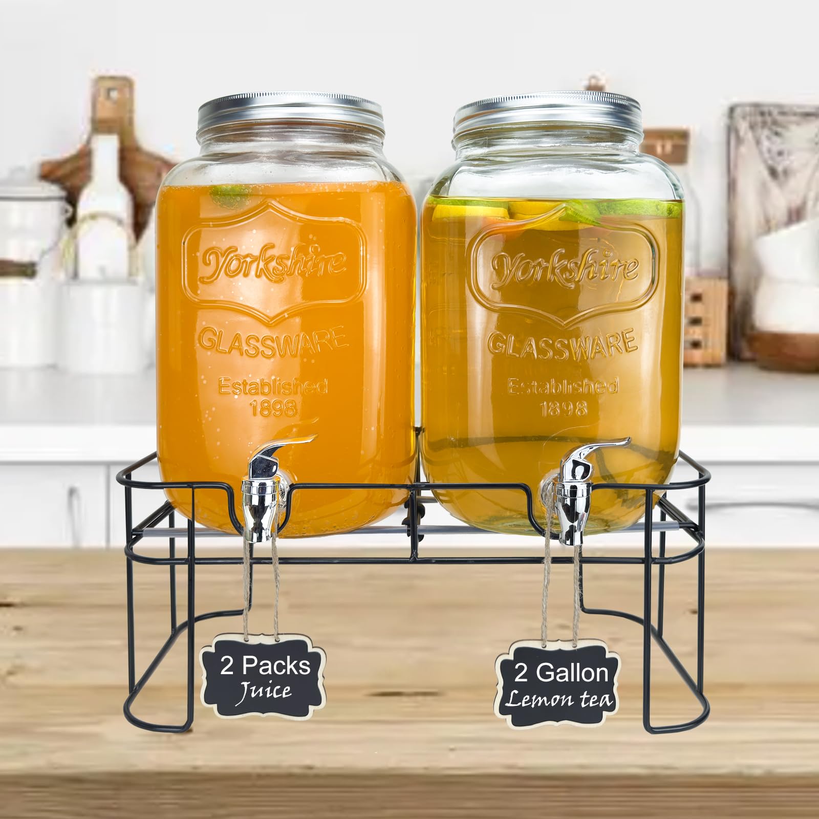 2 Gallon Larger Glass Drink Dispenser for Parties, 2 Packs Juice Lemonade Ice Tea Water Dispenser with Stand, Beverage Dispensers with Spigot for BBQ, Picnic, Party