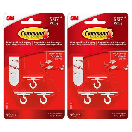 Command Ceiling Hooks 3 Plastic Hooks 4 Foam Strips White, 2 Pack