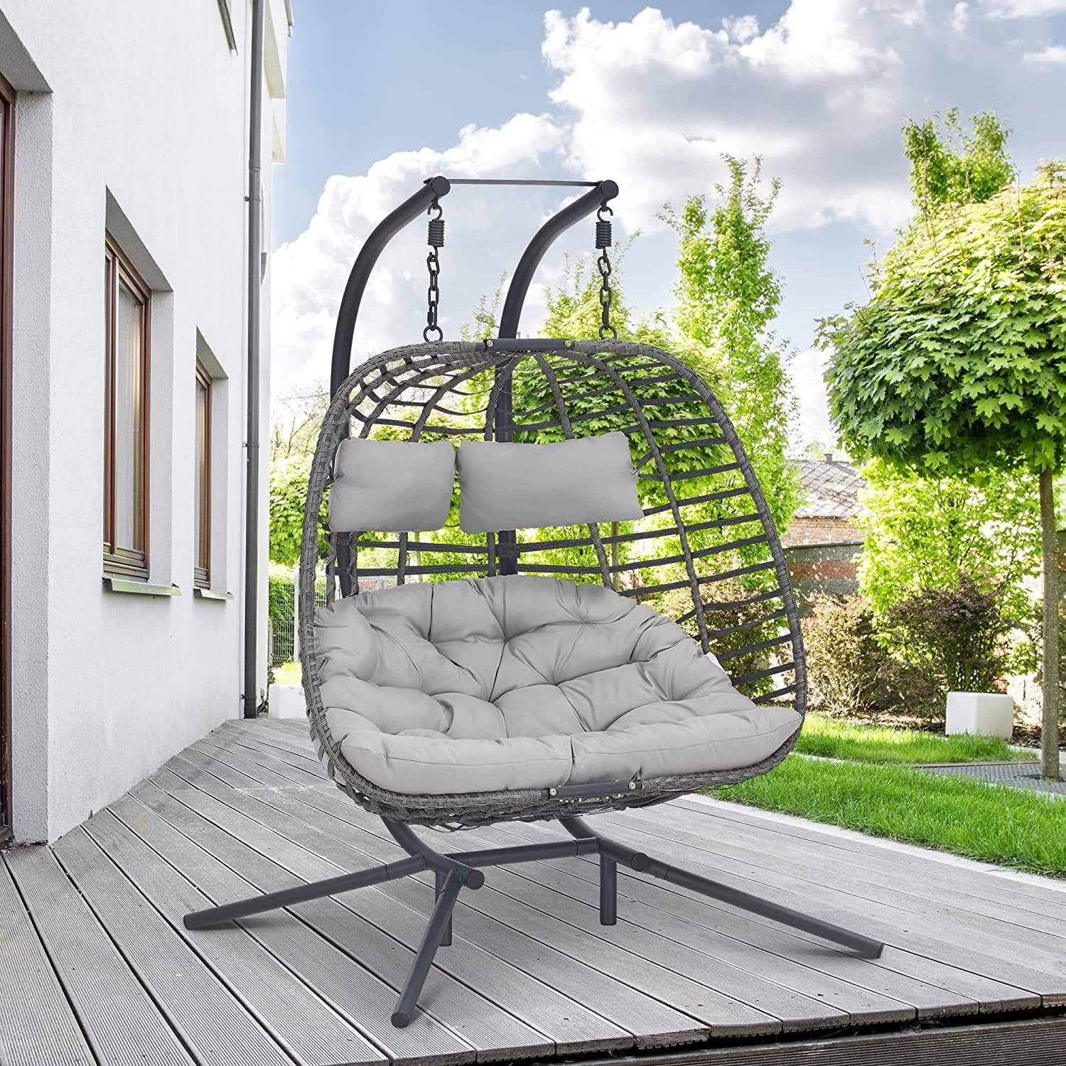 Brafab 2 Person Swing Egg Chair with Sturdy Stand and Fluffy Cushion, Large Double Hand-Woven Wicker Rattan Hanging Egg Chairs, Porch Swing Loveseat