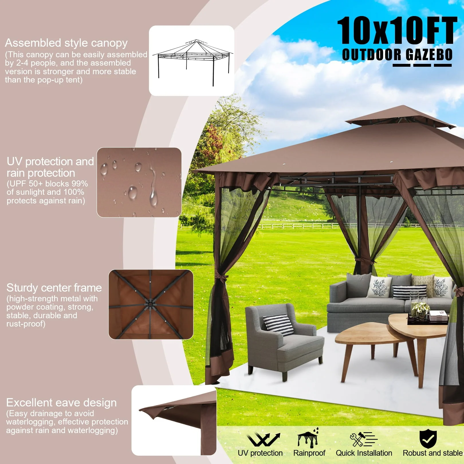 SANOPY 10' X10' Canopy Gazebo, Assembled Style Wrought Iron Gazebo Tent Can Accommodate 6 - 10 People with 4 Detachable Mosquito Net Side Walls, Rainproof&Sunproof Canopy Tent for Garden, Yard, Beach