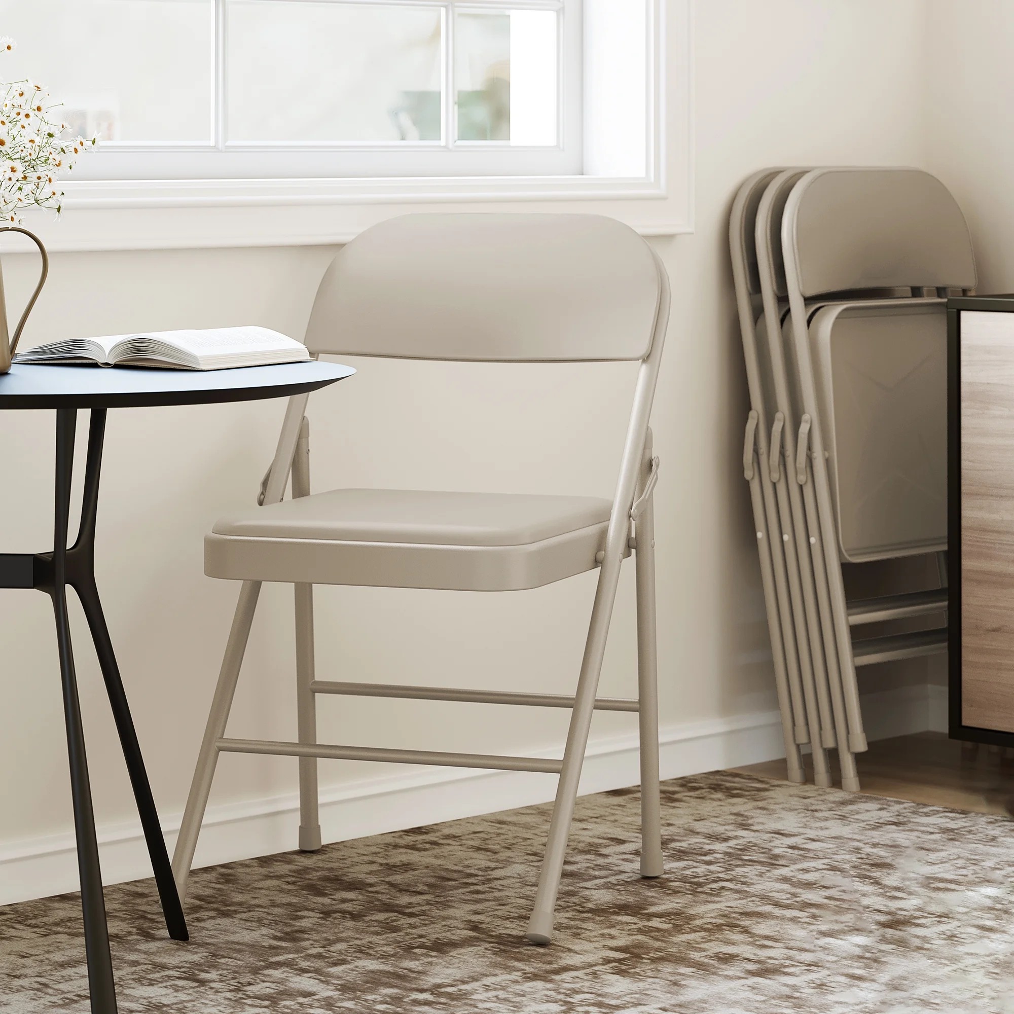 Luku Folding Chairs, Portable Card Chair, Metal Frame, PU Soft Cushion for Dining, Living, Office(4-Pack PU Cushion Chairs/Beige)