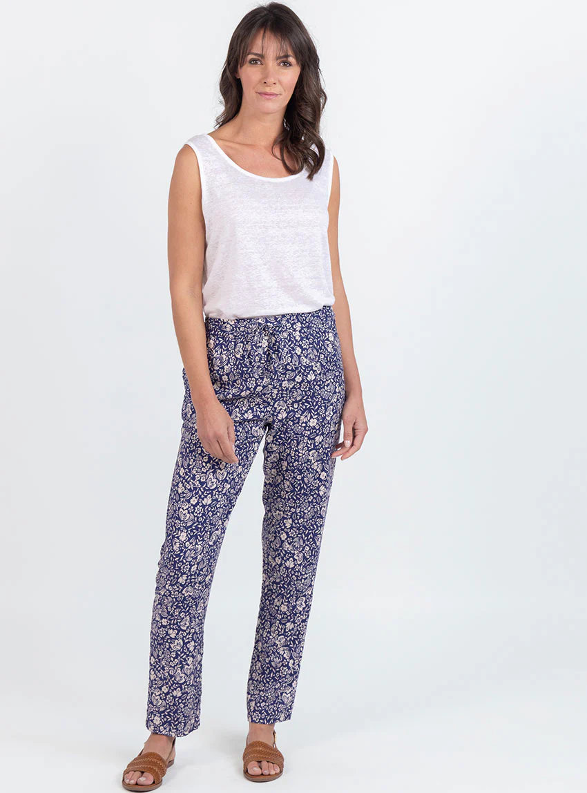 Pantalon femme en viscose imprimé bouquet bleu