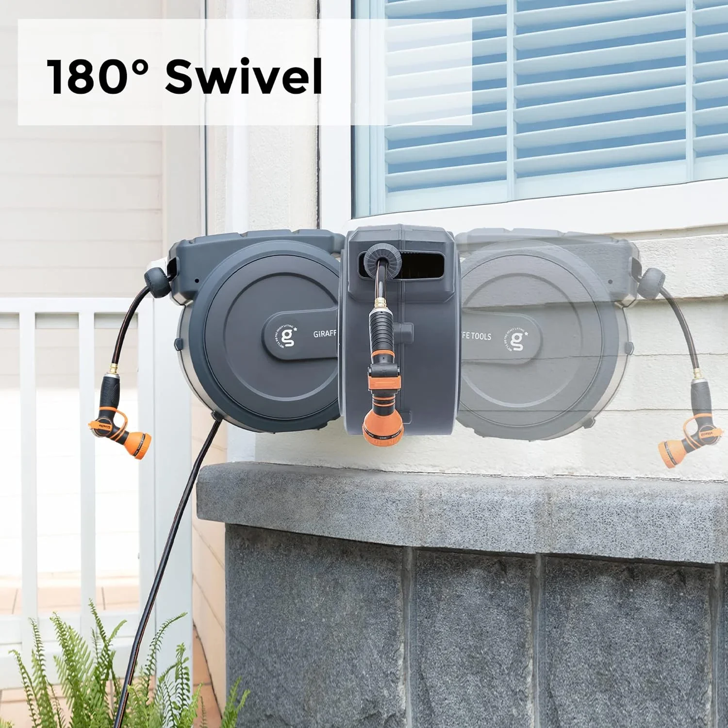 Giraffe Tools Retractable Garden Hose Reel with 1/2in-100ft Water Hose, Plastic Bracket, Wall Mounted, Dark Grey