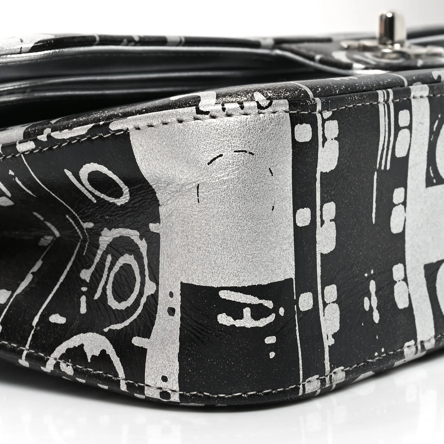Lambskin Graffiti Printed Medium Double Flap Black Silver
