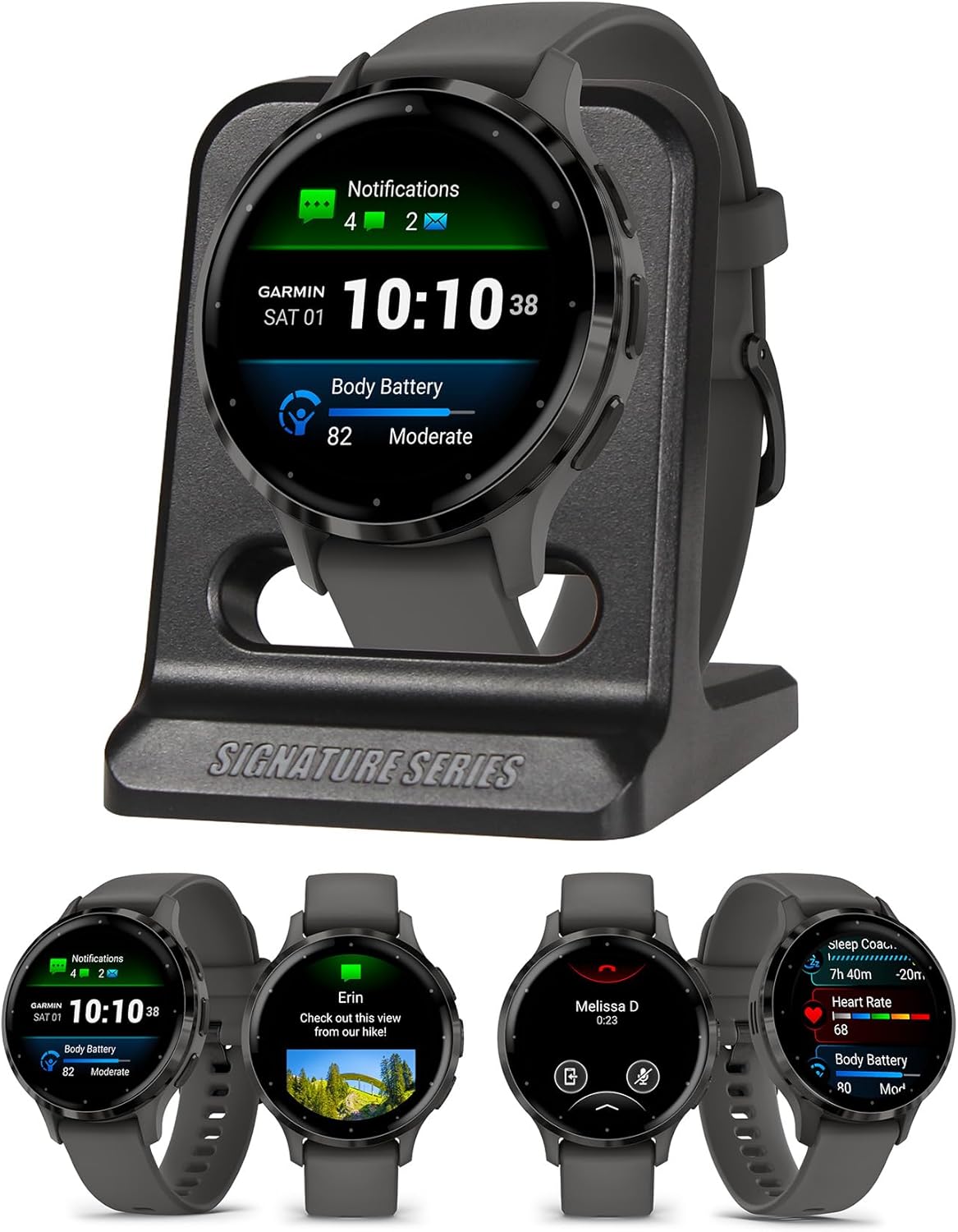 Garmin Venu 3S Running GPS Smartwatch with AMOLED Display  Advanced Health  Fitness Features  Up to 14 Day Battery Life with Signature Series Modern Power Stand | Slate with Pebble Gray Silicone Band
