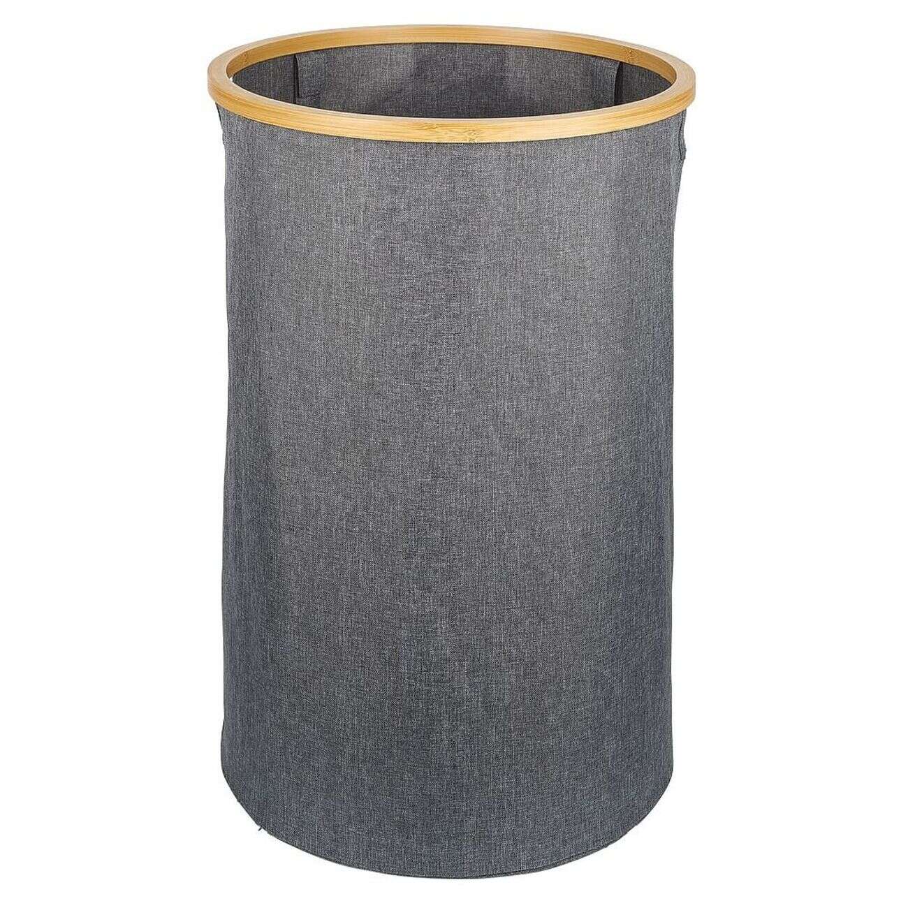 Coffre à linge rond 75L bambou et polyester gris