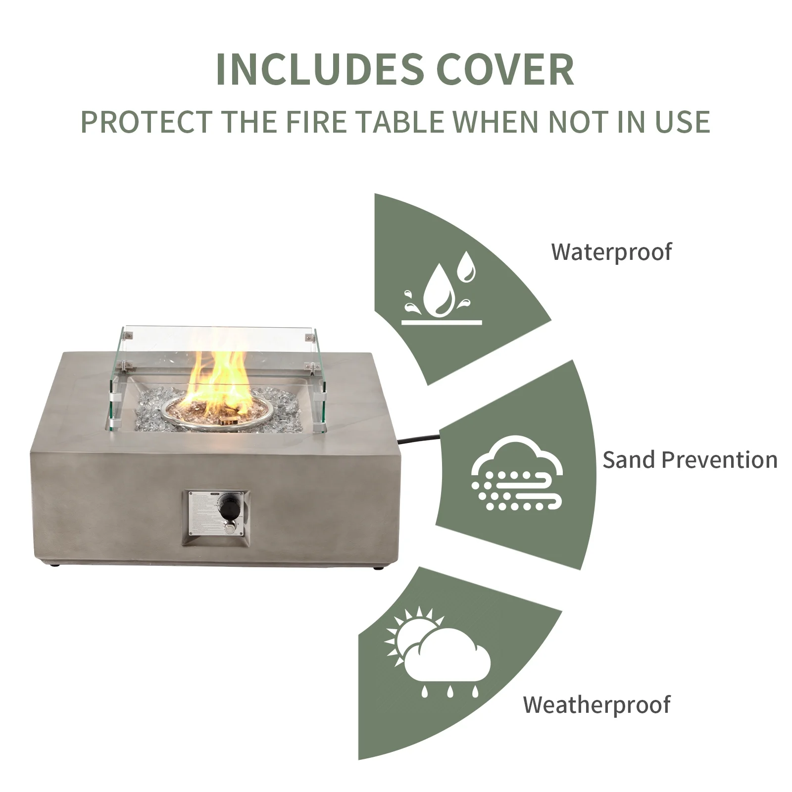 35" Square Concrete Fire Pit Table with Fire Glass Wind Guard(Brown/Blue Fire Glass) - Image 4