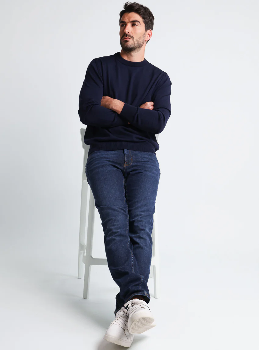 Pull homme col rond laine merinos Bleu Marine