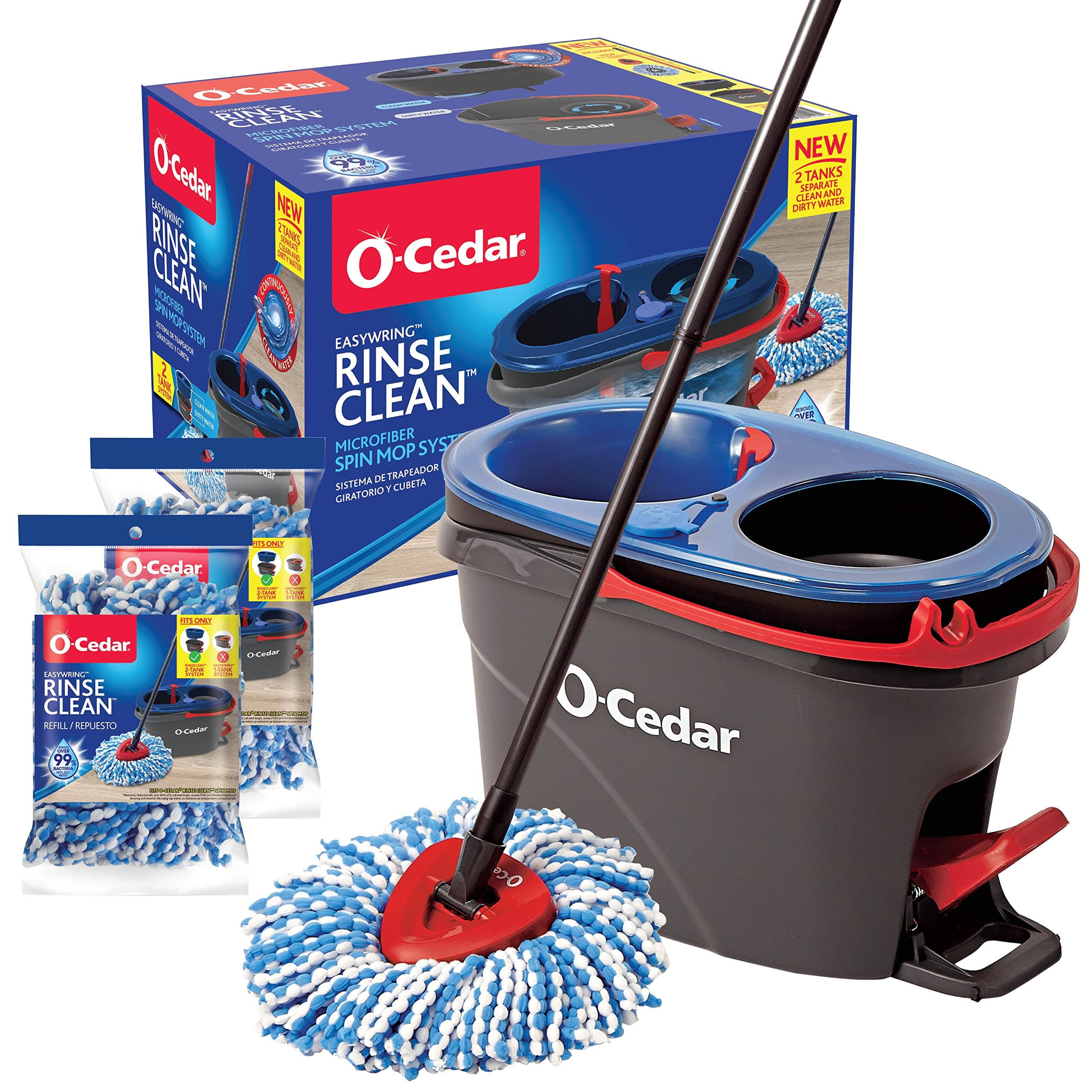 O-Cedar EasyWring RinseClean Microfiber Spin Mop & Bucket Floor Cleaning System with 2 Extra Refills