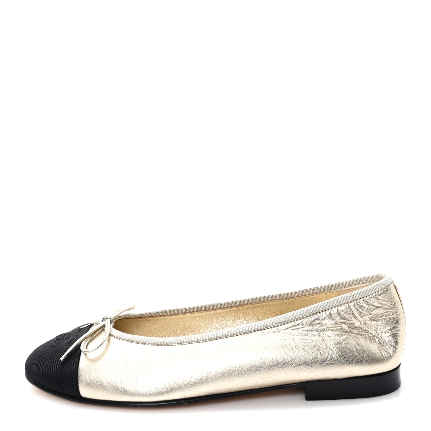 Metallic Laminated Lambskin Grosgrain CC Cap Toe Ballerina Flats 39 Light Gold Black