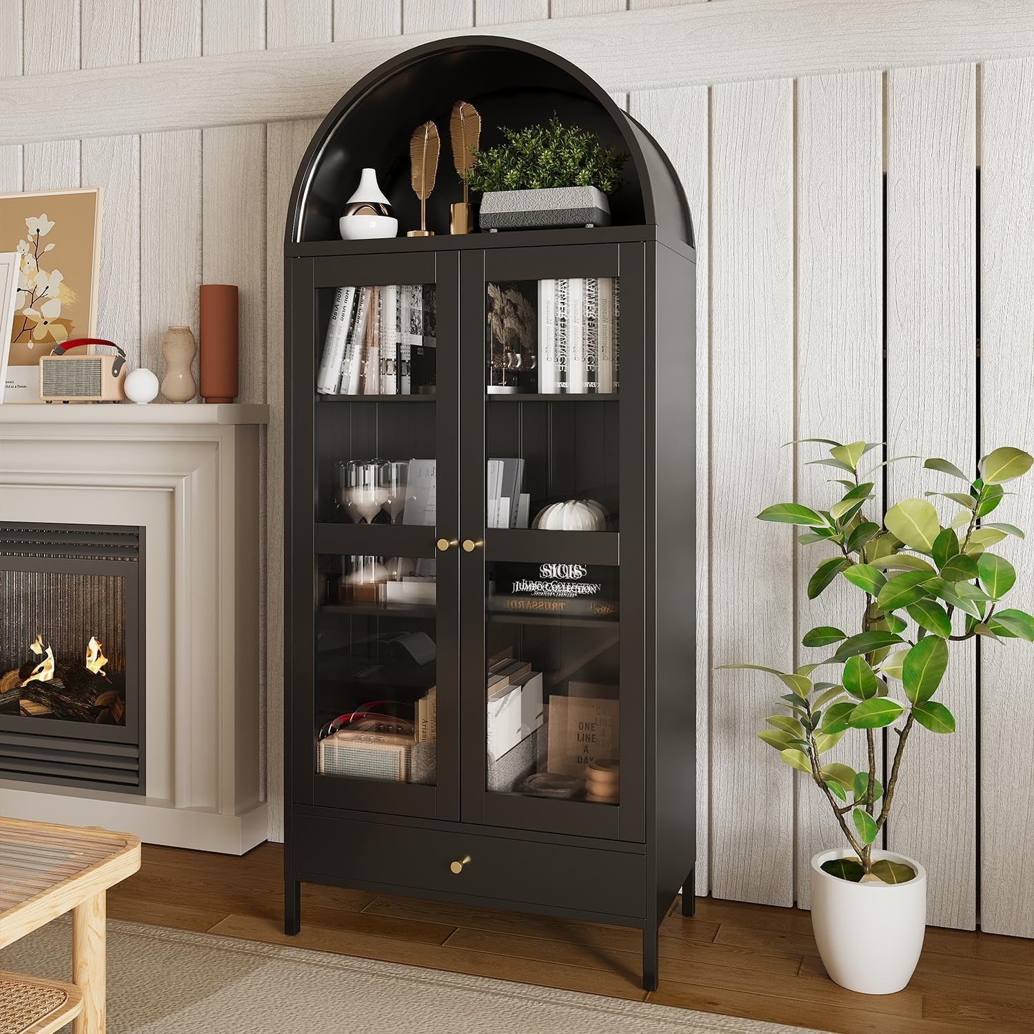AECOJOY 73'' Kitchen Pantry, Metal Arched Storage Cabinet, Modern Display Bookcase China Cabinet