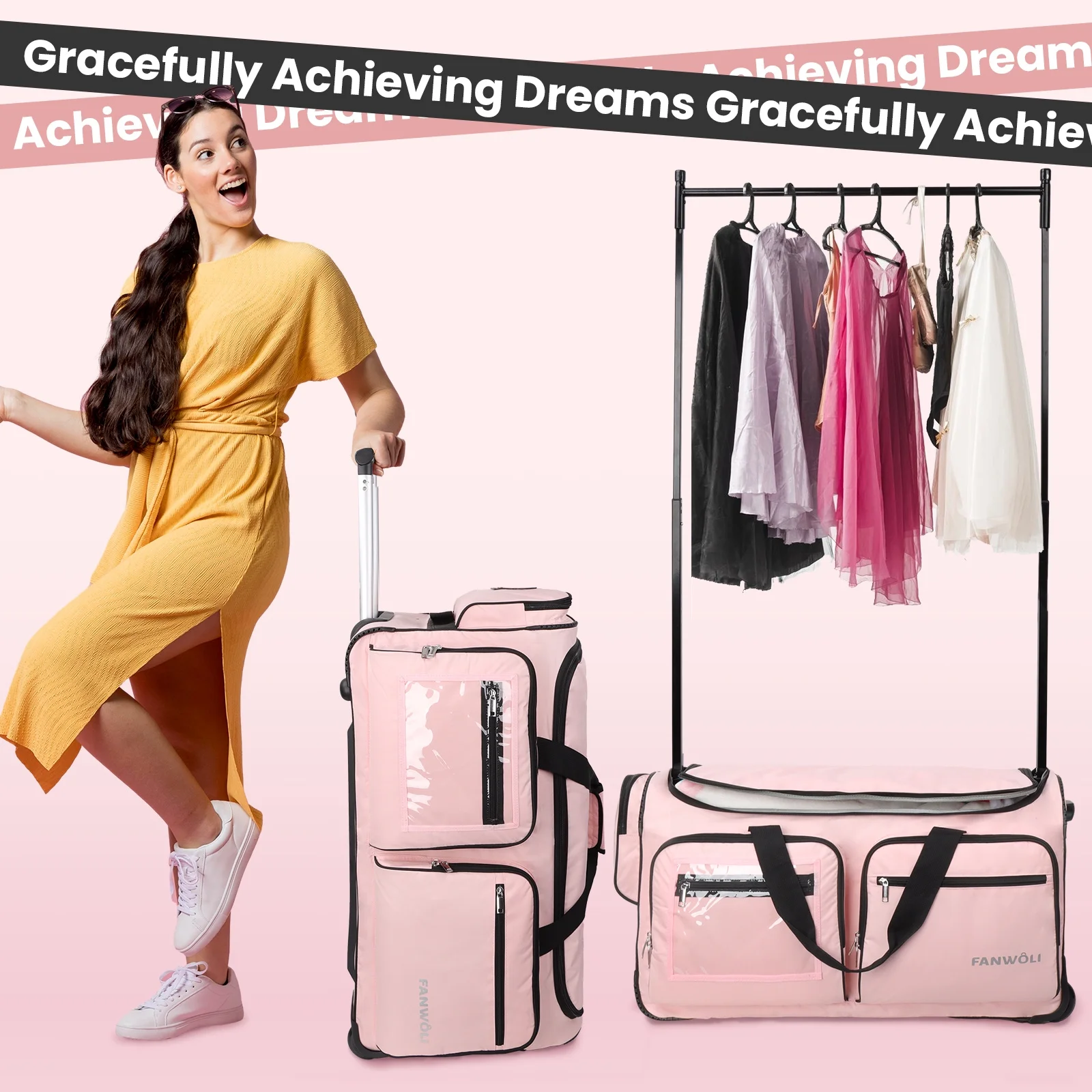 Dance Bag with Garment Rack 28"Collapsible Rolling Competition Dance Duffle Bag Lightweight Costume Wheeled Suitcase for Dancers Shows Livestreamer Athletes(Pink-28Inch) - Image 6