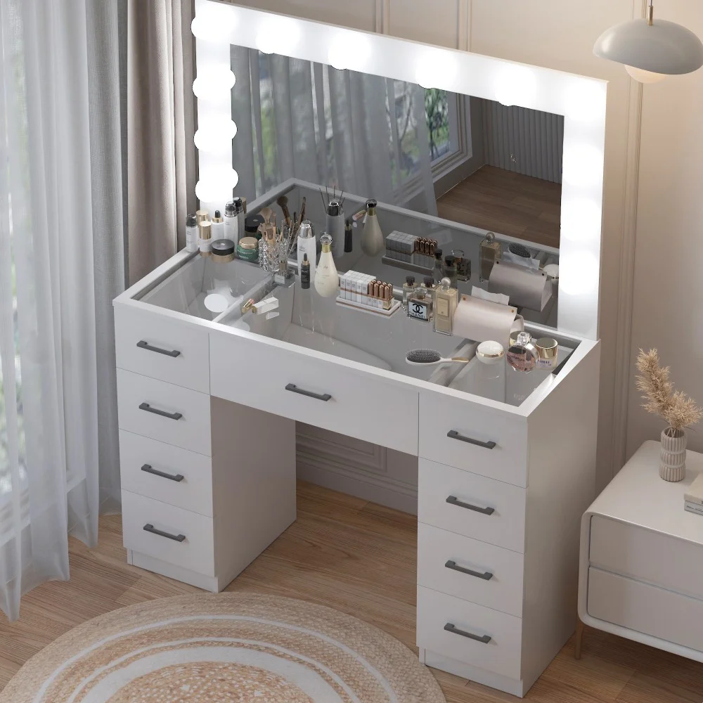 Large Makeup Vanity, Vanity Table Set w/ Visible Glass Top w/ Charging Station, White(White-9 Drawer) - Image 10