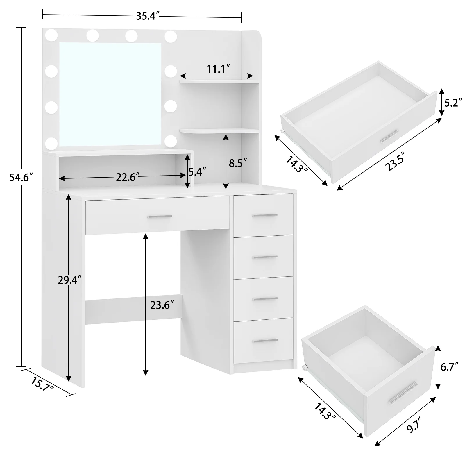 Makeup Vanity Desk with Mirror Lights, Vanity Table with 5 Drawers Storage Shelves, Makeup Vanity , 3 Color Modes Adjustable Brightness Dressing Table, Bedroom, White(White) - Image 7