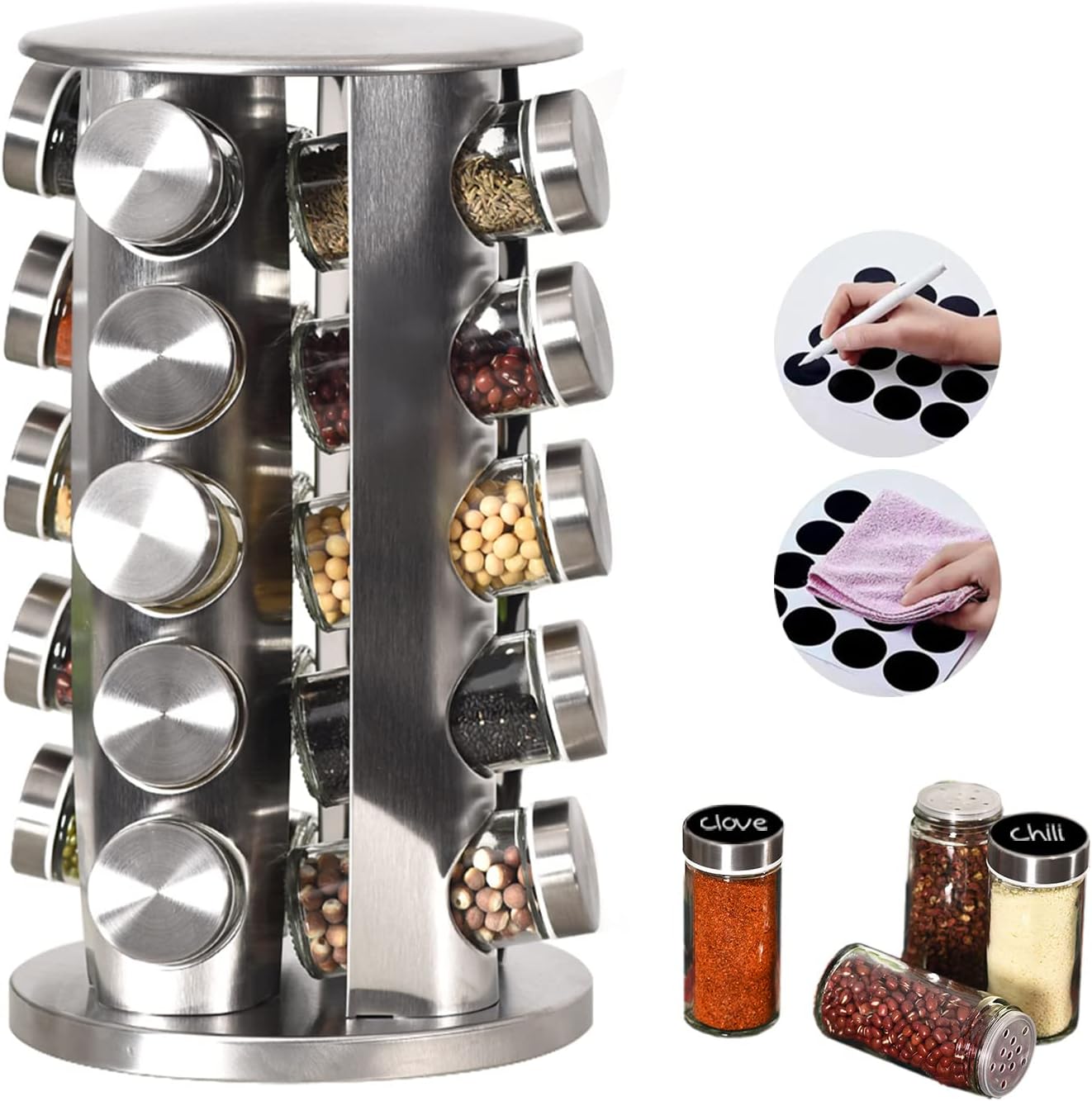EBIZ&TECH 20-Jar Stainless Steel Rotating Spice Rack with Non-Slip Base - Kitchen Countertop Organizer for Easy Access and Storage of Spices (Silver)