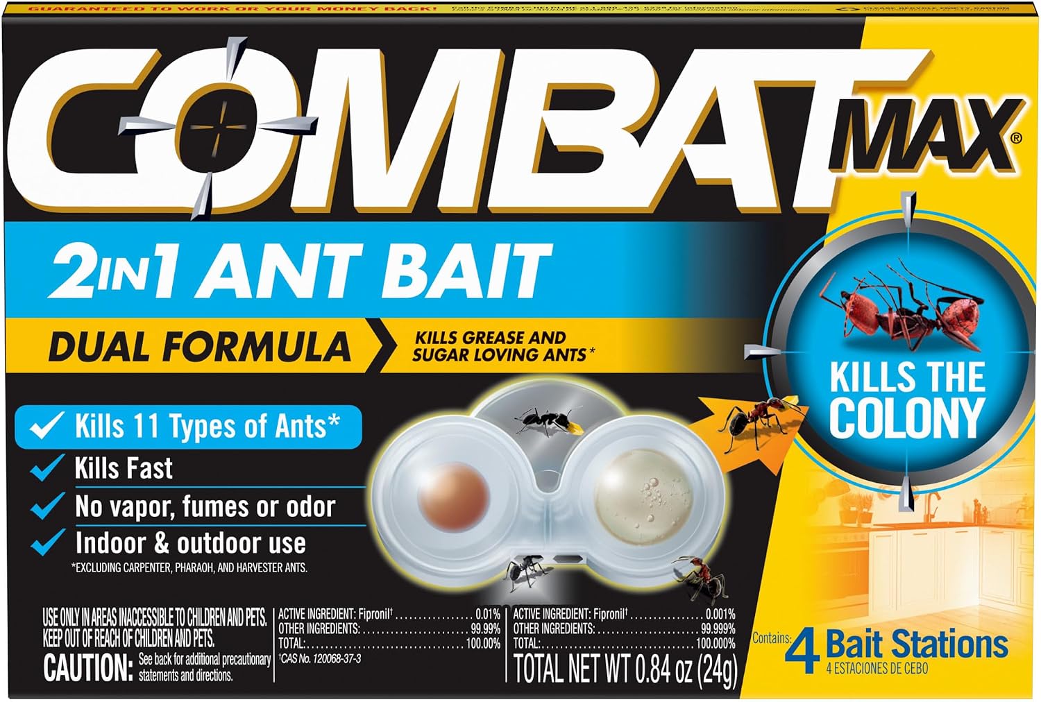 Combat Max 2in1 Ant Bait Station, Indoor & Outdoor Use, 4 Count| Destroys entire ant colony, dual formula for sugar and protein ants, child-resistant, transparent station for easy monitoring