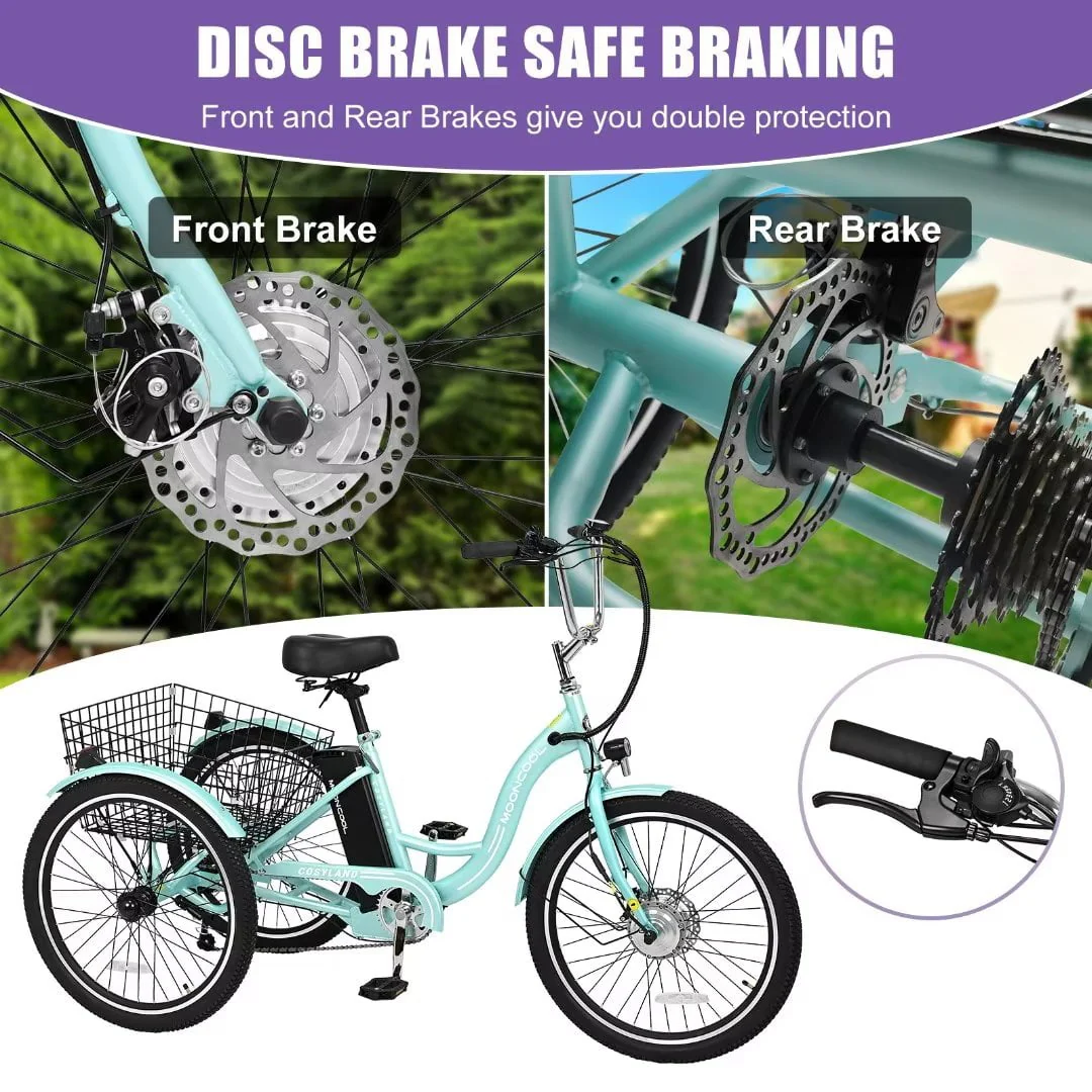 24" Electric Tricycle for Adults Seniors,7 Speed 3 Wheel E-Bike with Large Basket/Low-Step Through Frame,350W Motor 36V/10.4AH lithium bettery, 15.5MPH - Image 9
