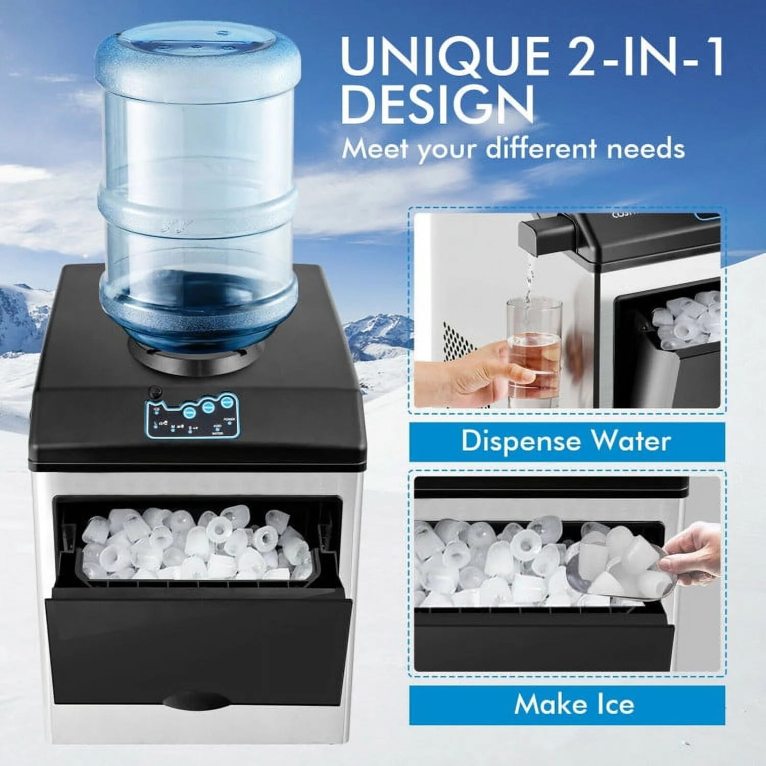 2-in-1 Stainless Steel Countertop Ice Maker with Water Dispenser,Countertop Ice Maker Machine with Handle, Portable Ice Maker with Scoop for Home/Kitchen/Camping/RV - Image 8