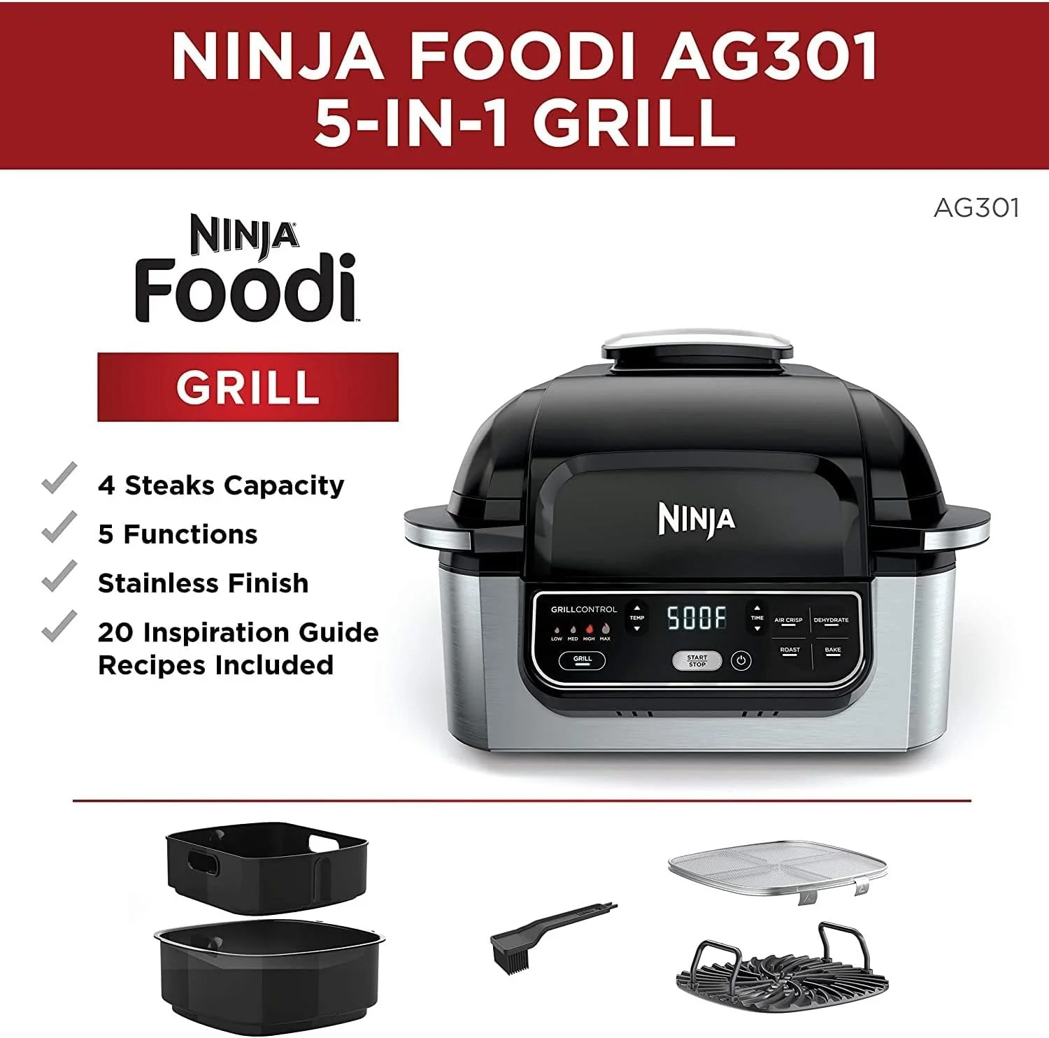 5-in-1 Indoor Electric Grill with Air Fry, Roast, Bake & Dehydrate - Programmable, Black/Silver