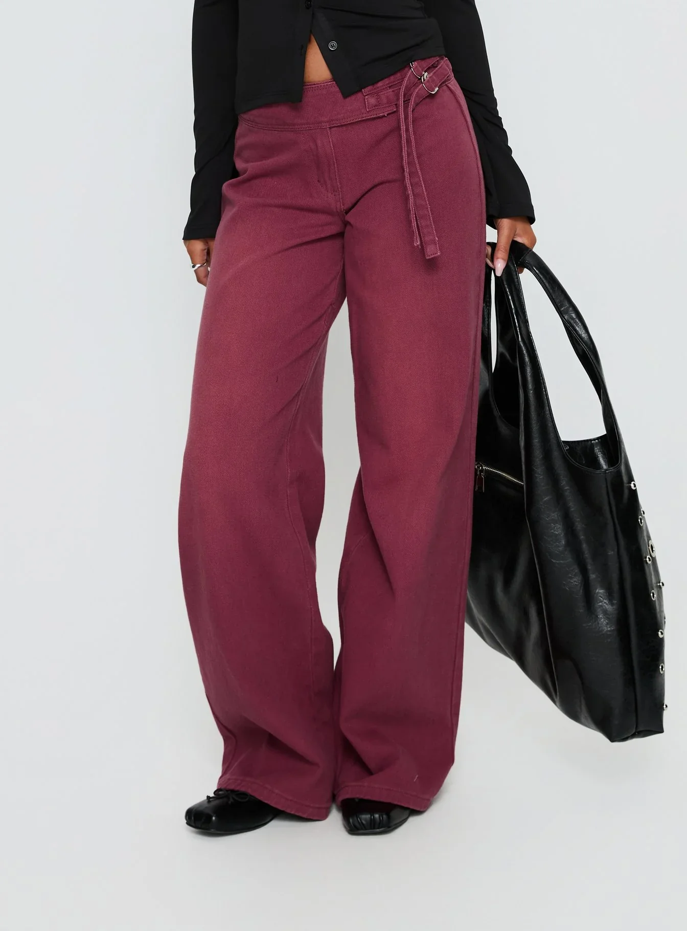 Boxie Mid Rise Wide Leg Jeans Washed Burgundy