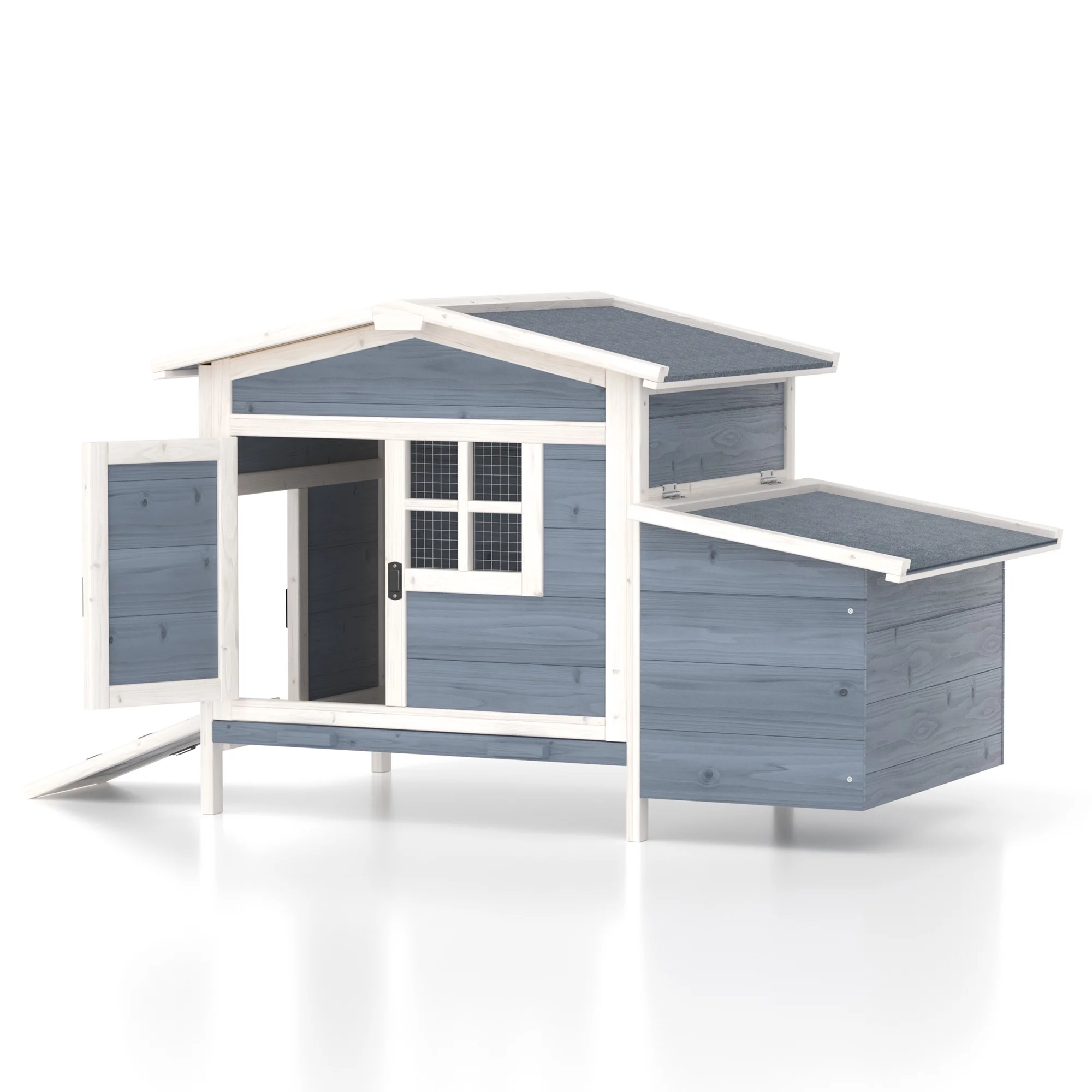 Outdoor Chicken Coop Rabbit Hutch Wooden Hen House w/ Nesting Box Tray Poultry Cage for Outdoor Indoor(Gray) - Image 9