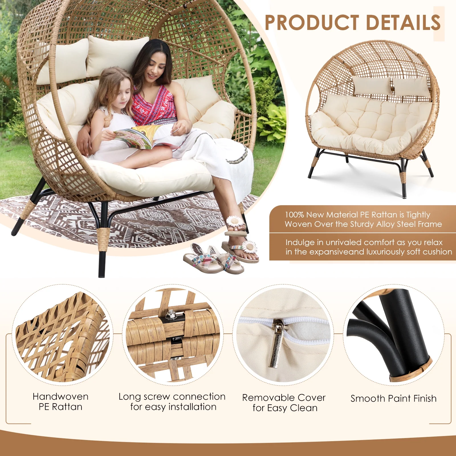 Double Egg Chair for 2 Person, Oversized Wicker Loveseat with Thick Cushions, 680 lbs Capacity, Indoor Outdoor Stationary Patio Lounge Chair for Balcony, Garden, Beige(Beige/No Ottomans) - Image 9